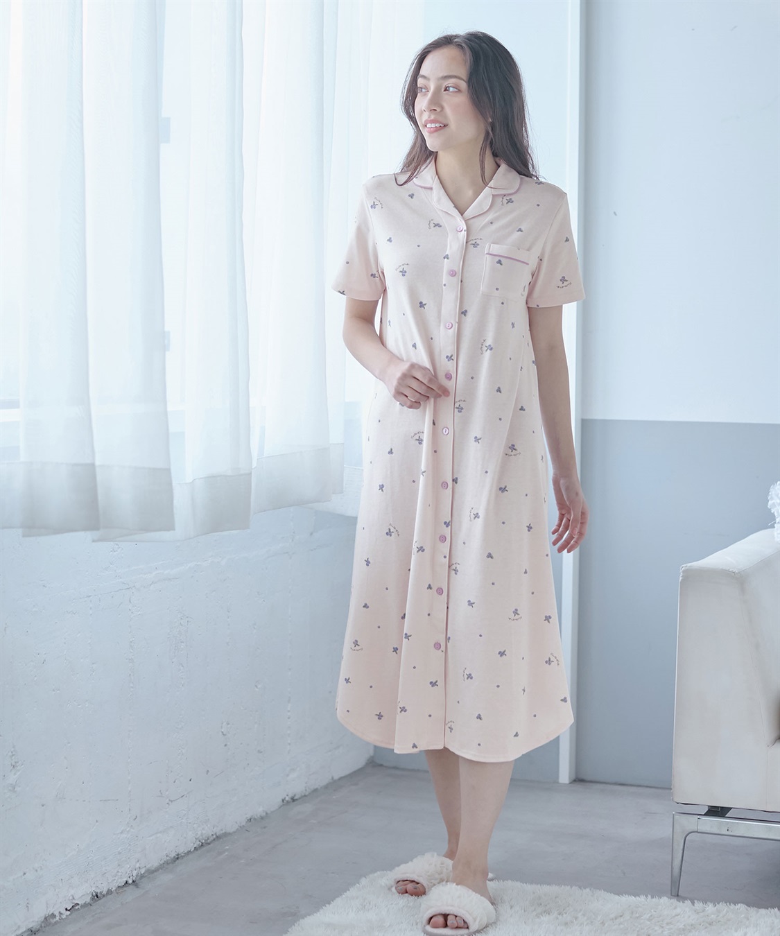 授乳口付き半袖マタニティパジャマ(ブルーベリー柄)ワンピースタイプ Rosemadame|クロスプラス公式通販サイト マタニティ 半袖パジャマ L グレー ルームウェア 上下セット