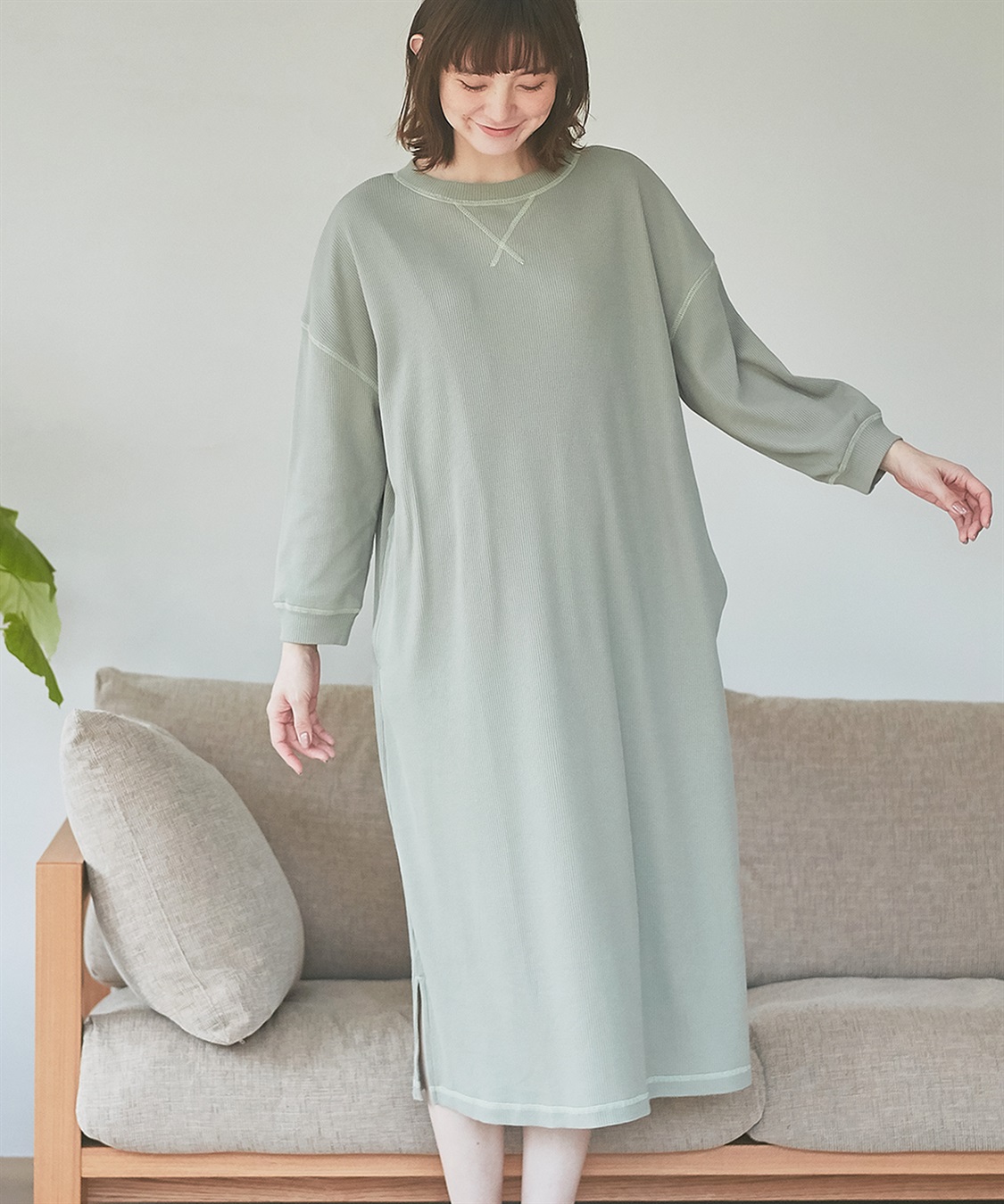 配色ステッチ ワッフル ルームワンピース・パジャマ（マタニティ/授乳服）入院準備 出産準備 授乳楽々 授乳口付き産前 産後  Rosemadame｜クロスプラス公式通販サイト