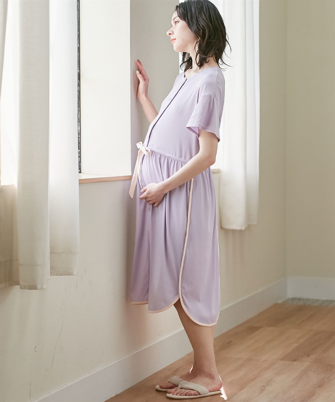 リブバイカラールーム半袖ワンピースパジャマ（マタニティ授乳服） Rosemadame｜クロスプラス公式通販サイト