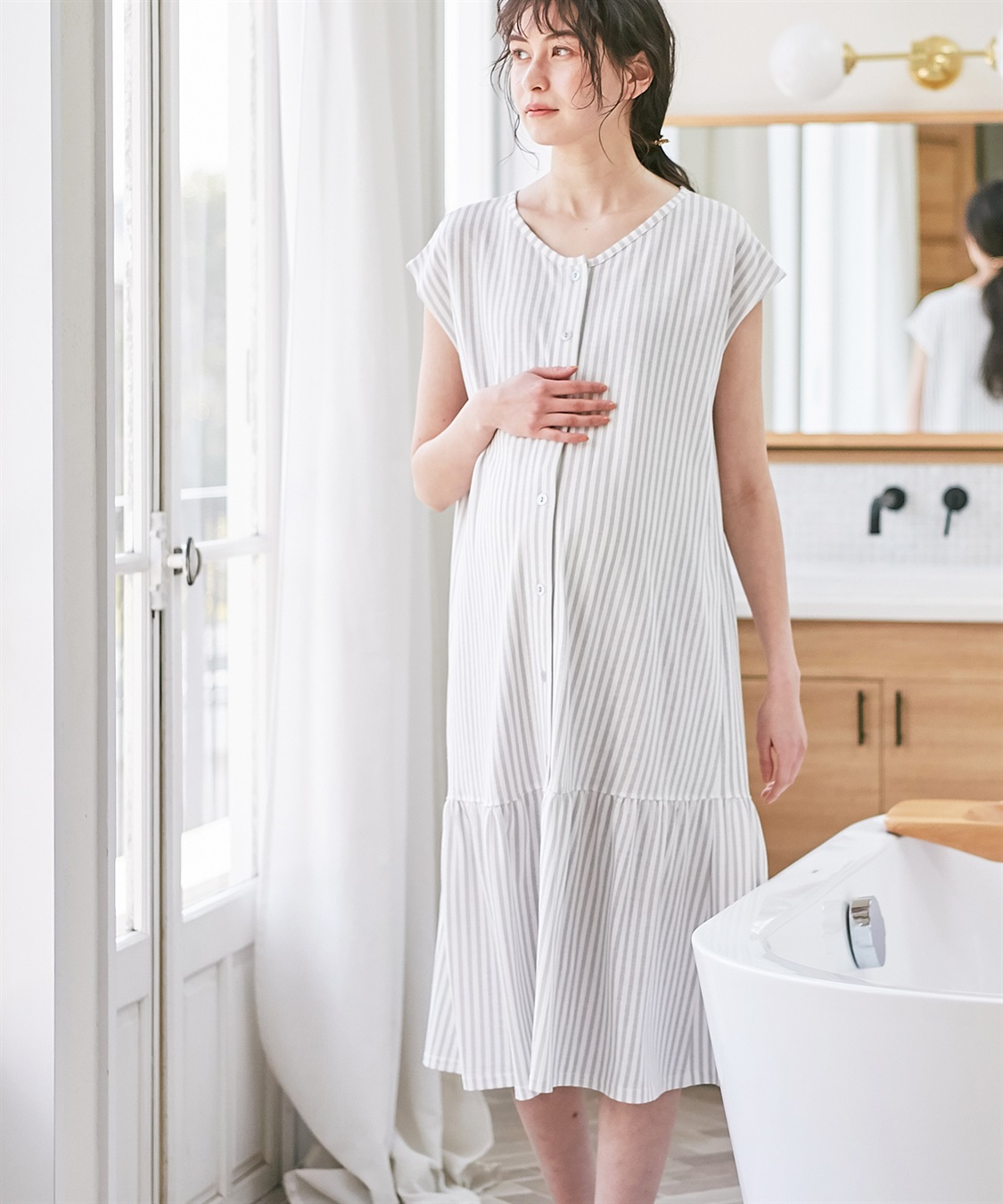 Rosemadame 吸汗速乾 機能付き ストライプフレンチスリーブカットソーネグリジェパジャマ（マタニティ&授乳服）_sub_3