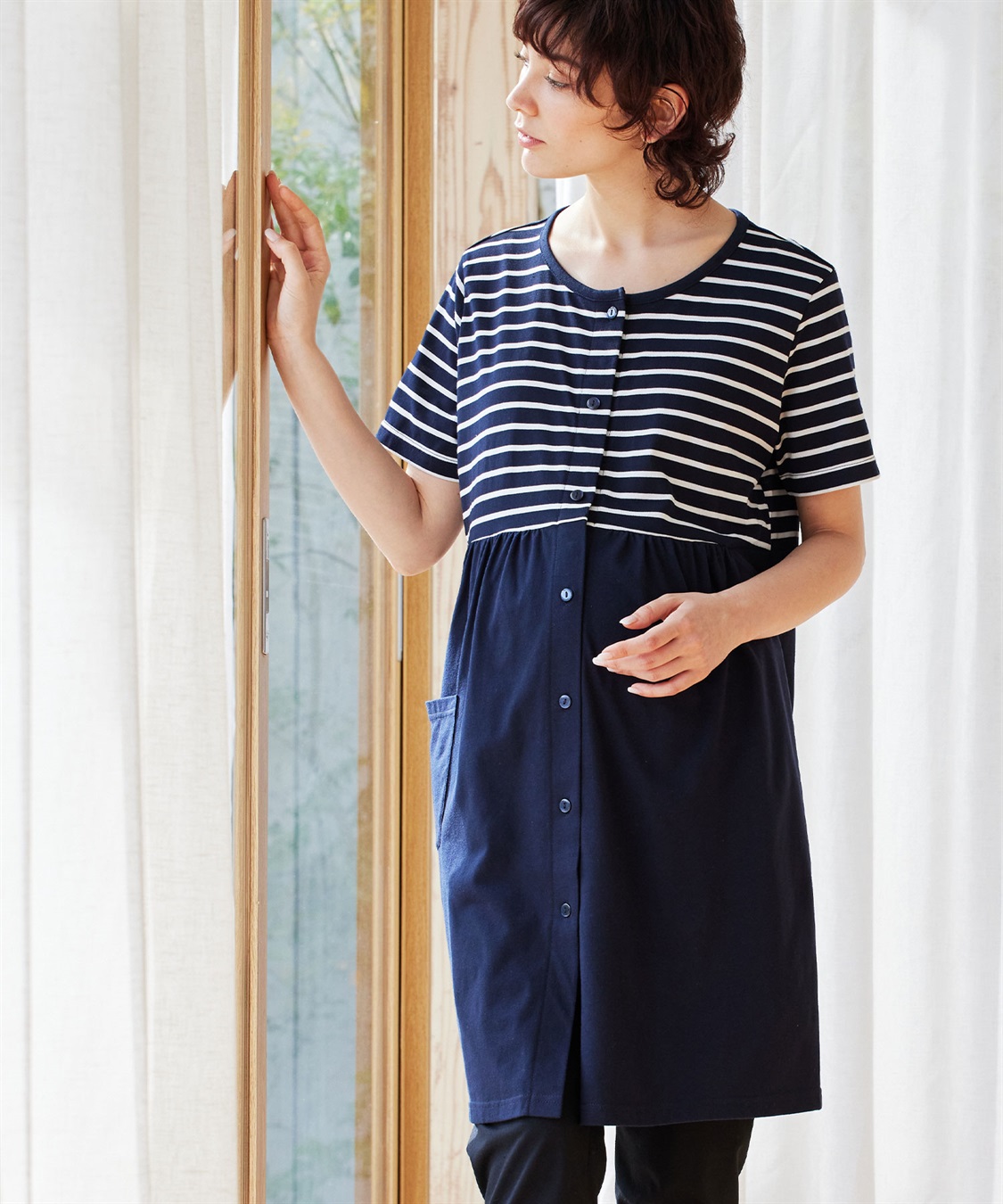 Rosemadame 上下セット天竺先染めボーダー＆無地 らくらく授乳半袖パジャマ（マタニティ～産後）_sub_1