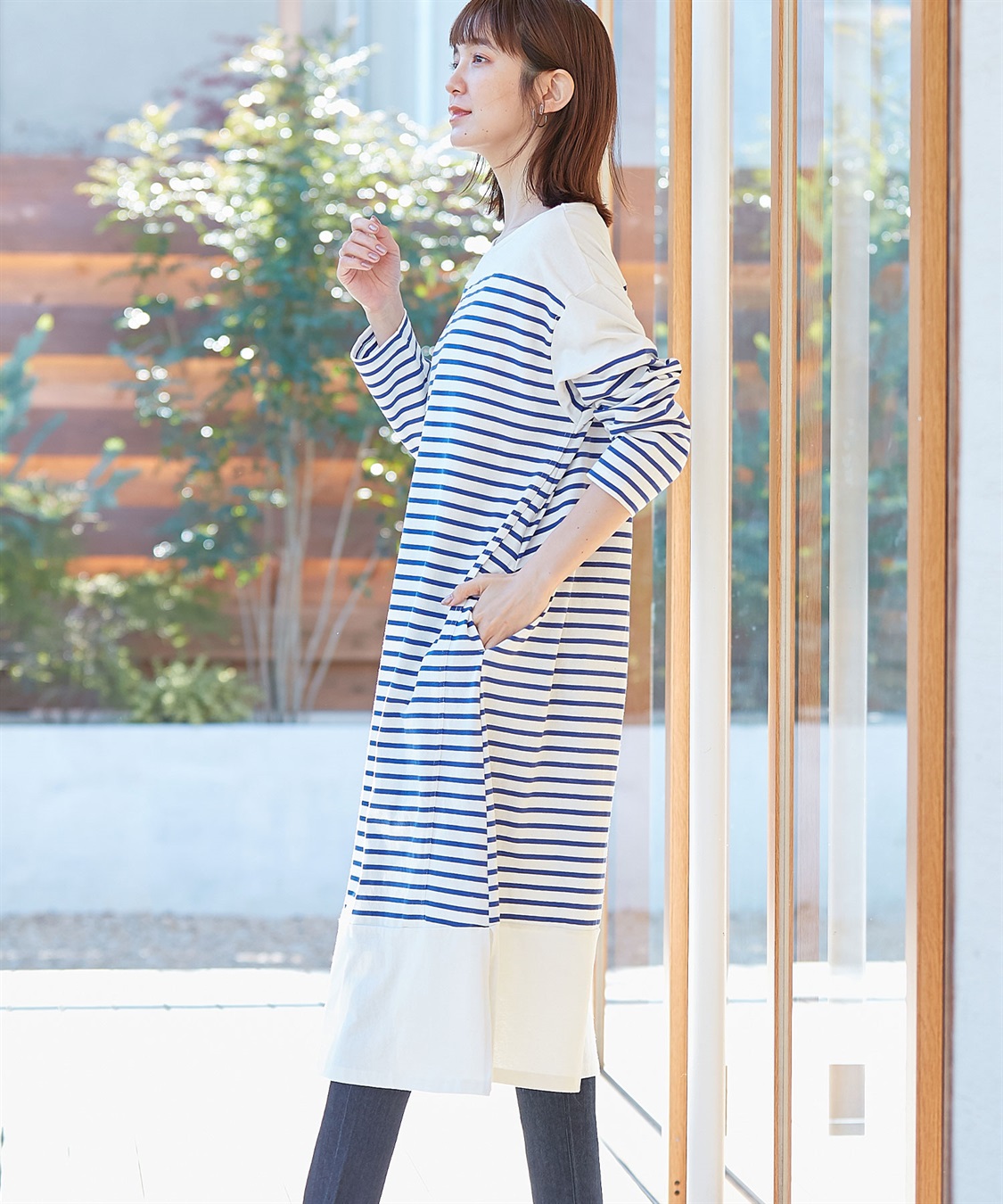 Rosemadame コットン100％ パネルボーダー/無地 長袖ワンピース（マタニティ/授乳服）授乳楽々 妊婦服 産前・産後対応_sub_8