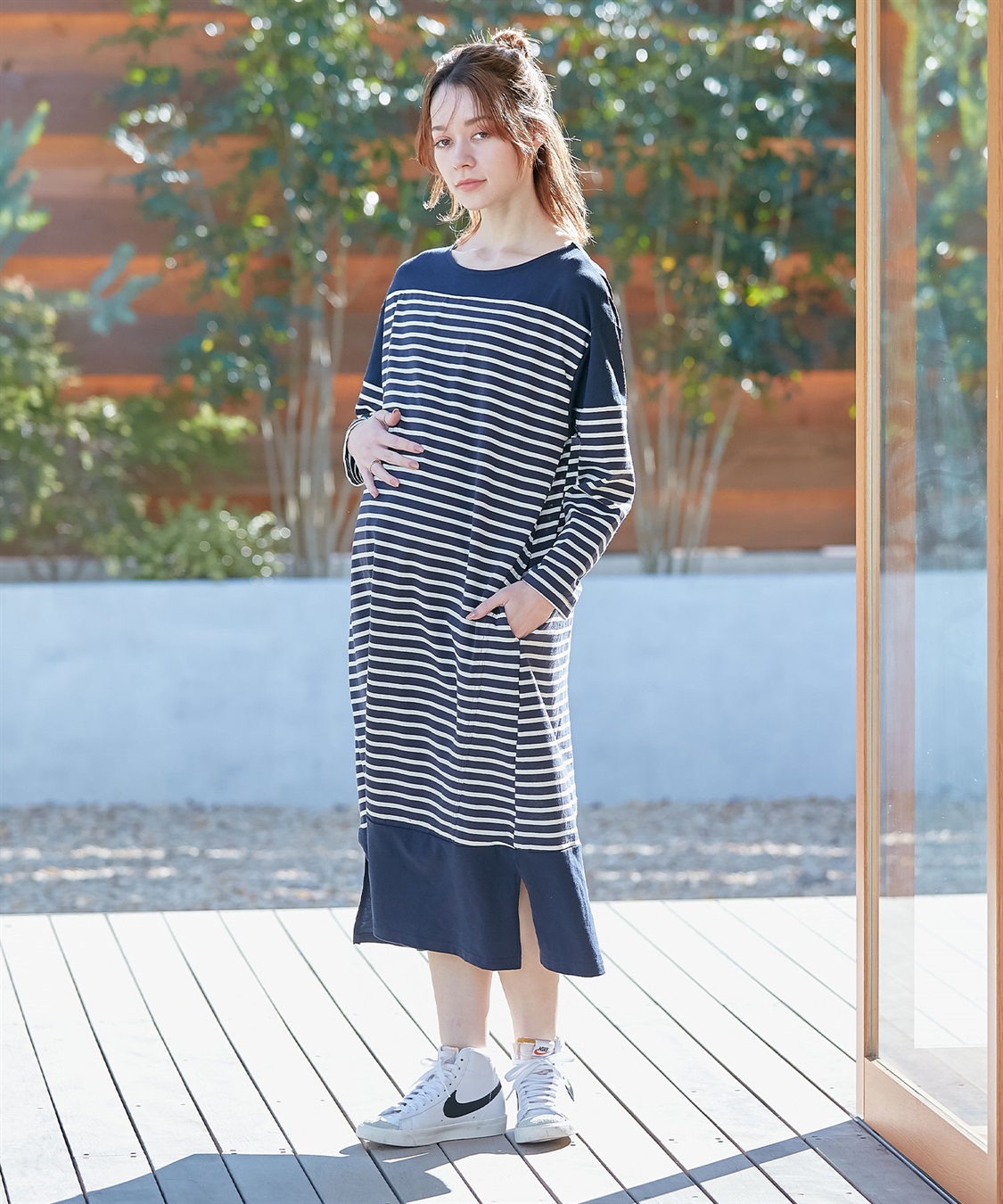 Rosemadame コットン100％ パネルボーダー/無地 長袖ワンピース（マタニティ/授乳服）授乳楽々 妊婦服 産前・産後対応_sub_24