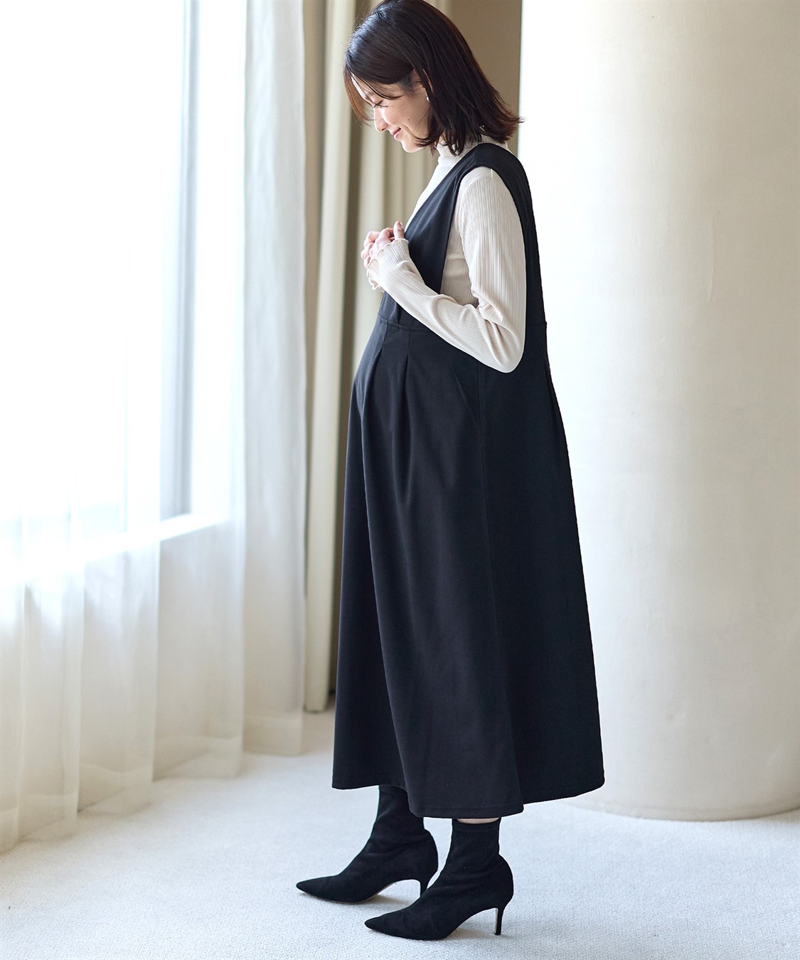 Rosemadame 【セットアイテム】Vネックワンピース×メロウフリルプチハイネックカットソー ジャンパースカートドレス アンサンブル(マタニティ/授乳服）授乳口付き 授乳楽々 妊婦服 産前・産後対応_sub_3