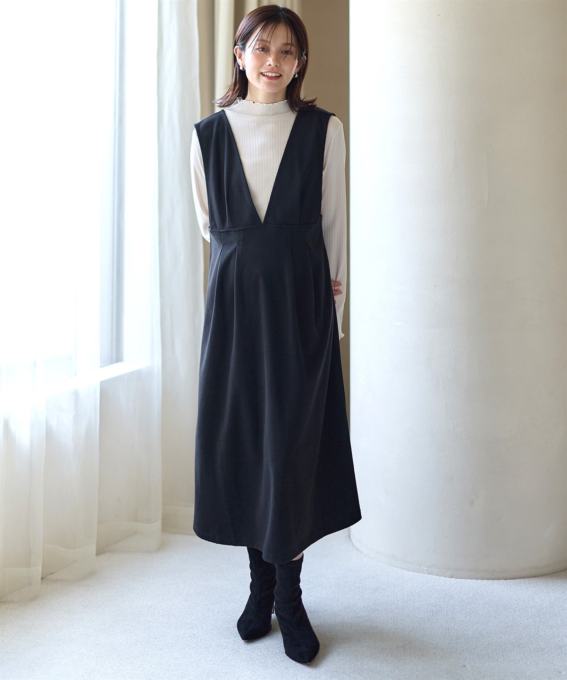 Rosemadame 【セットアイテム】Vネックワンピース×メロウフリルプチハイネックカットソー ジャンパースカートドレス アンサンブル(マタニティ/授乳服）授乳口付き 授乳楽々 妊婦服 産前・産後対応_sub_4