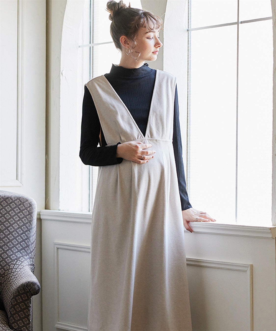 Rosemadame 【セットアイテム】Vネックワンピース×メロウフリルプチハイネックカットソー ジャンパースカートドレス アンサンブル(マタニティ/授乳服）授乳口付き 授乳楽々 妊婦服 産前・産後対応_sub_6