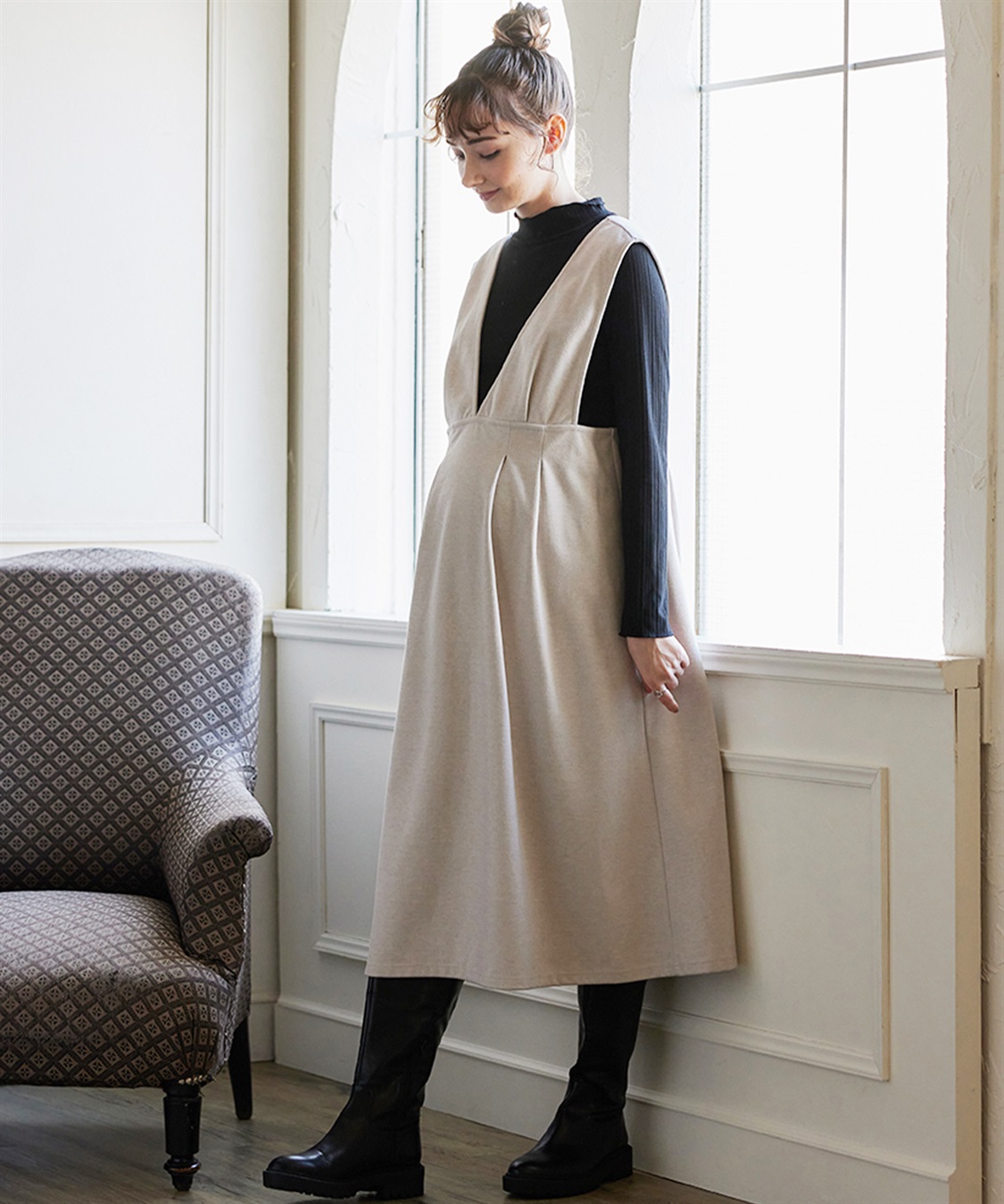 Rosemadame 【セットアイテム】Vネックワンピース×メロウフリルプチハイネックカットソー ジャンパースカートドレス アンサンブル(マタニティ/授乳服）授乳口付き 授乳楽々 妊婦服 産前・産後対応_sub_8