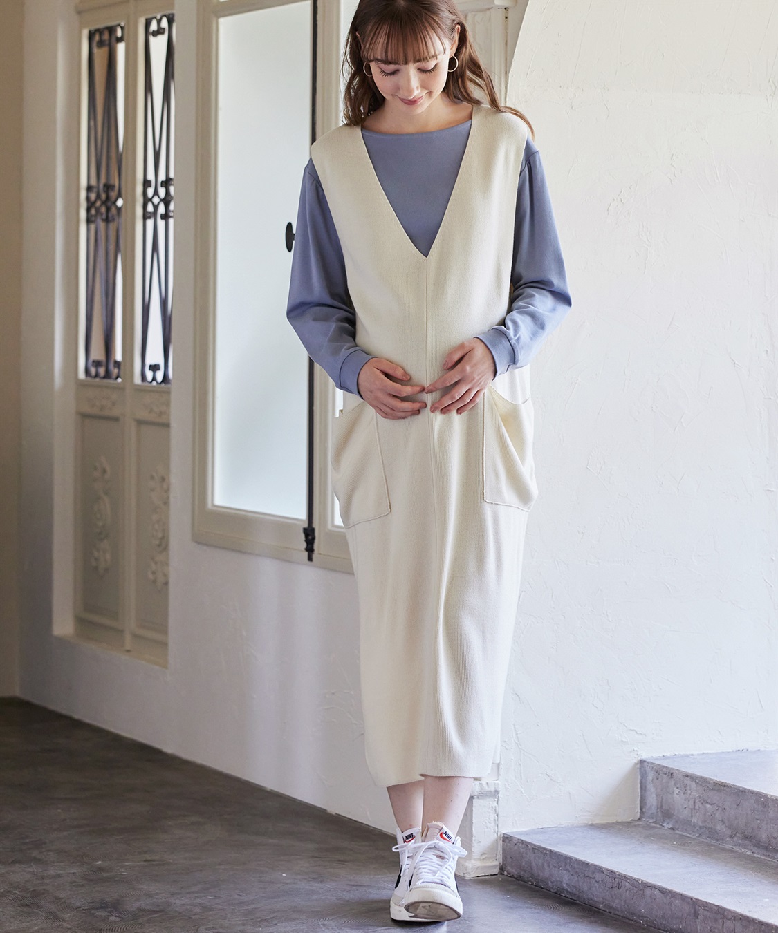 Rosemadame 【セットアイテム】Vネックニットジャンスカ×スムースカットソー アンサンブルワンピース(マタニティ&授乳服）授乳口付き 授乳楽々 妊婦服 産前・産後対応_sub_7