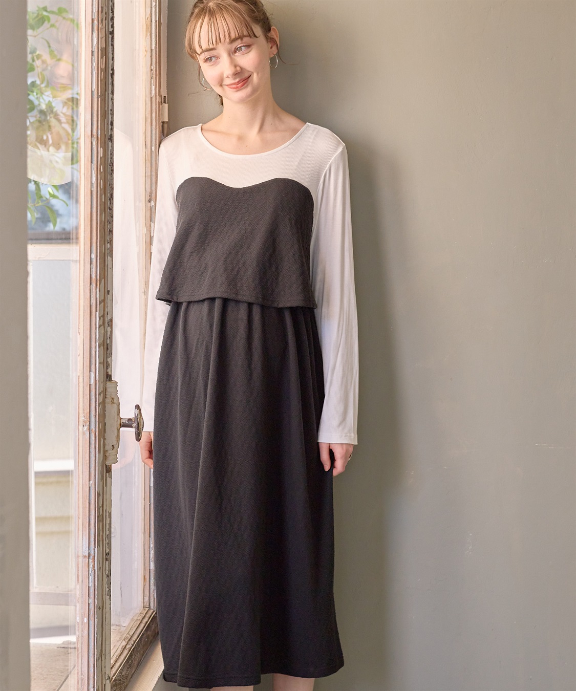 Rosemadame ふくれジャガード×テレコカットソー ビスチェ風 ワンピース(マタニティ/授乳服）授乳口付き 授乳楽々 妊婦服 産前・産後対応_sub_6