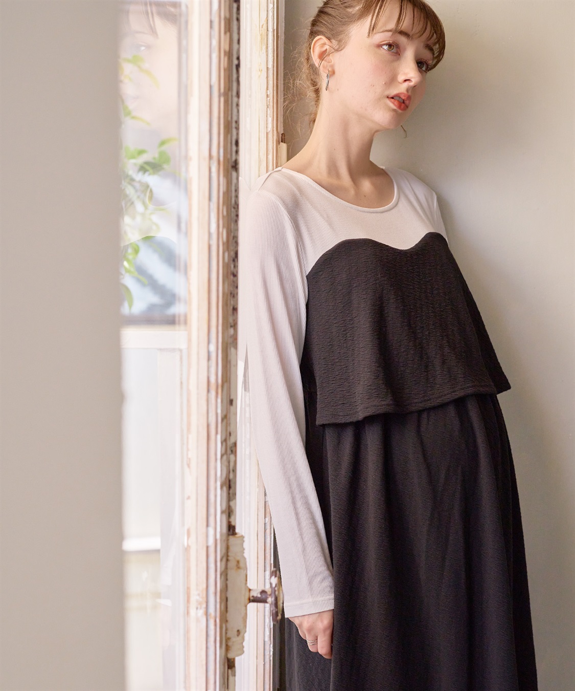 Rosemadame ふくれジャガード×テレコカットソー ビスチェ風 ワンピース(マタニティ/授乳服）授乳口付き 授乳楽々 妊婦服 産前・産後対応_sub_7