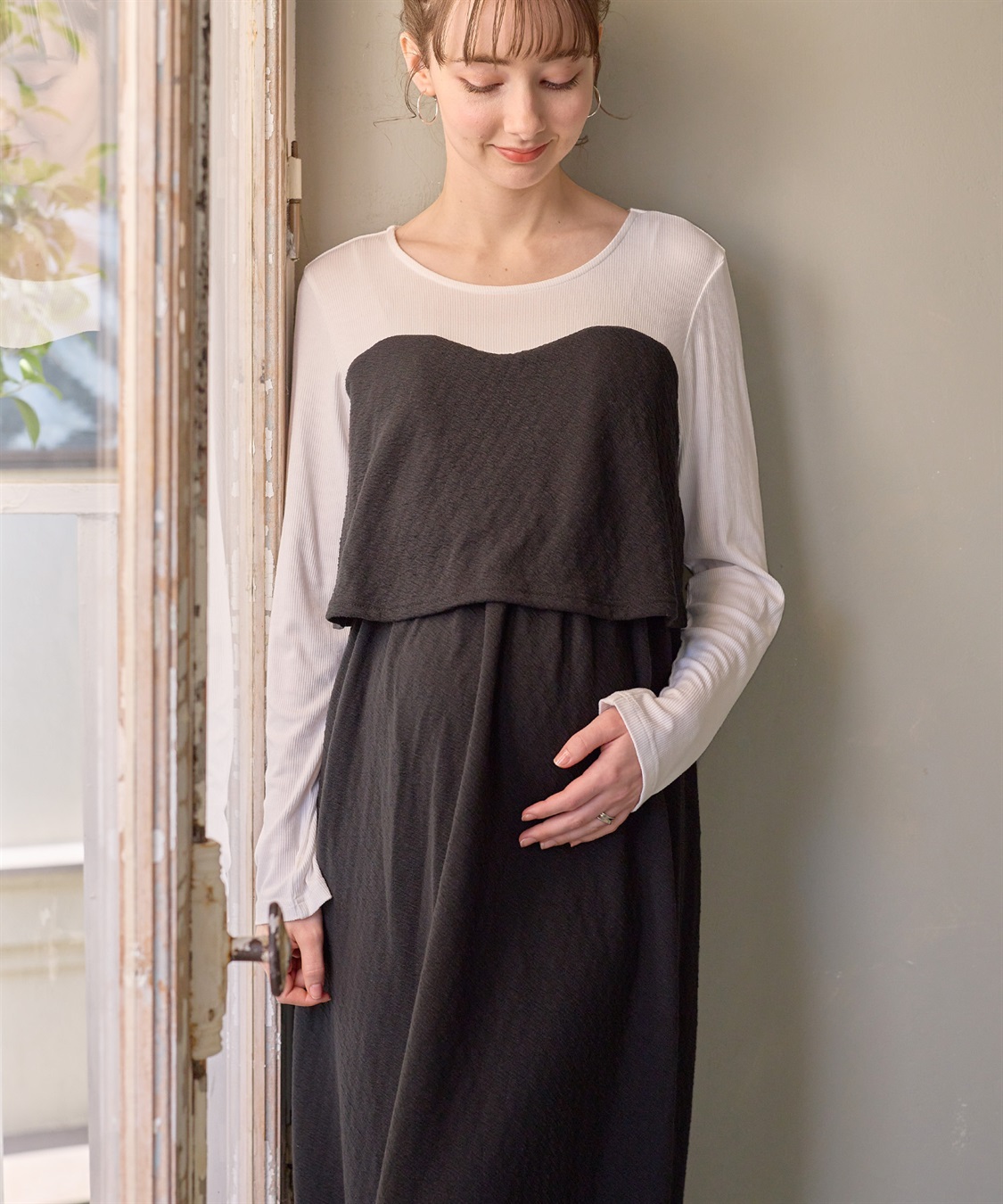 Rosemadame ふくれジャガード×テレコカットソー ビスチェ風 ワンピース(マタニティ/授乳服）授乳口付き 授乳楽々 妊婦服 産前・産後対応_sub_8