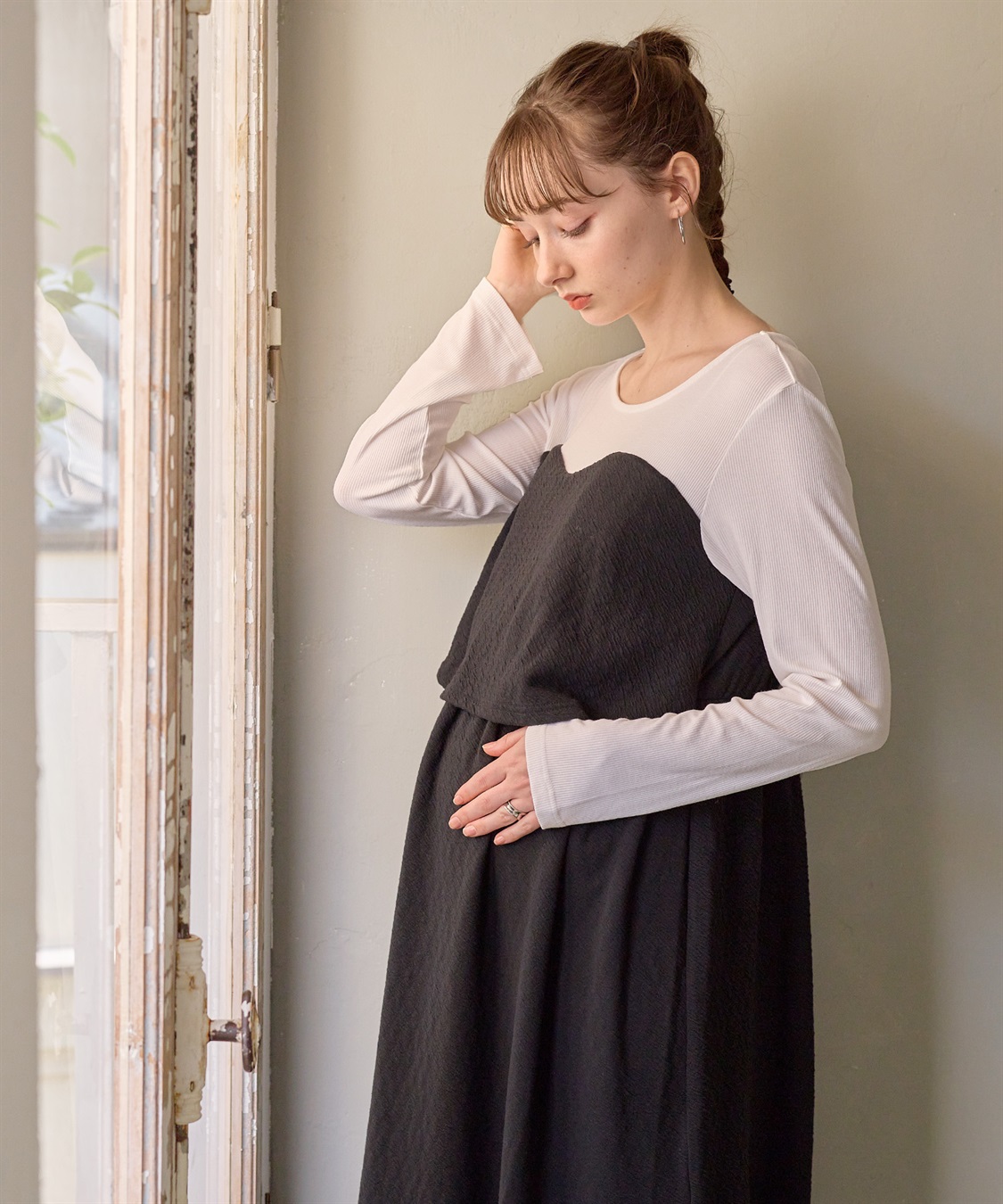 Rosemadame ふくれジャガード×テレコカットソー ビスチェ風 ワンピース(マタニティ/授乳服）授乳口付き 授乳楽々 妊婦服 産前・産後対応_sub_9