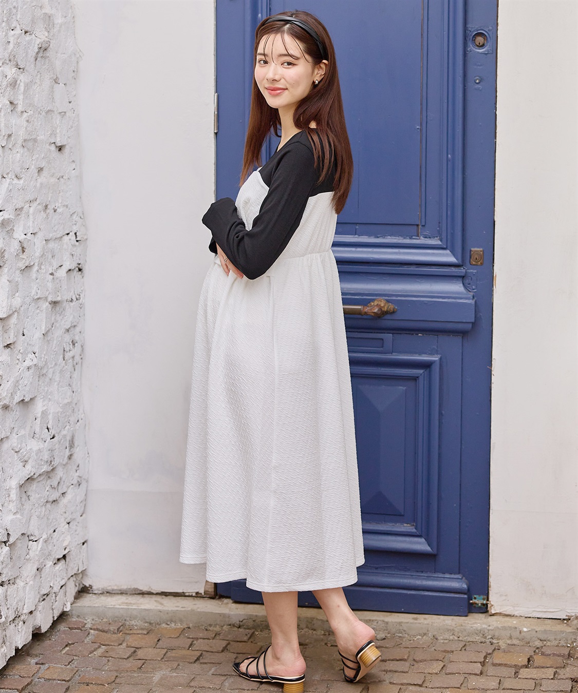 Rosemadame ふくれジャガード×テレコカットソー ビスチェ風 ワンピース(マタニティ/授乳服）授乳口付き 授乳楽々 妊婦服 産前・産後対応_sub_12