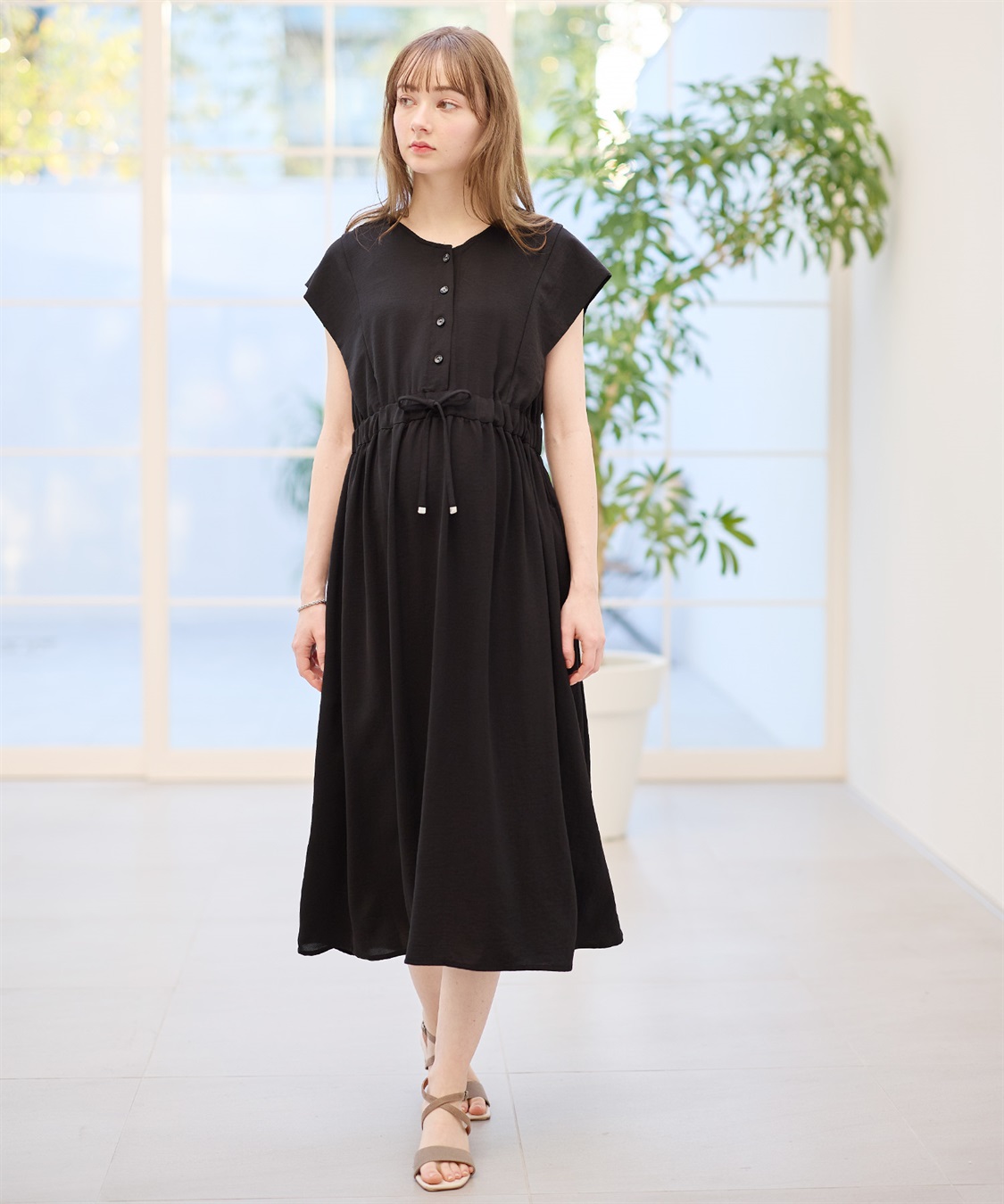 接触冷感】リネンライク ショルダータックワンピース（マタニティ/授乳