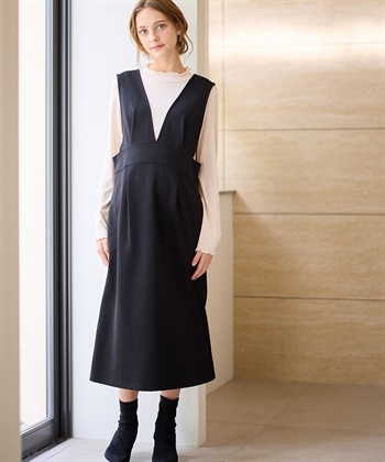 Rosemadame 【セットアイテム】Vネックダンボールワンピース×メロウフリルプチハイネックカットソー ジャンパースカートドレス アンサンブル(マタニティ/授乳服）授乳口付き 授乳楽々 妊婦服 産前・産後対応_subthumb_3