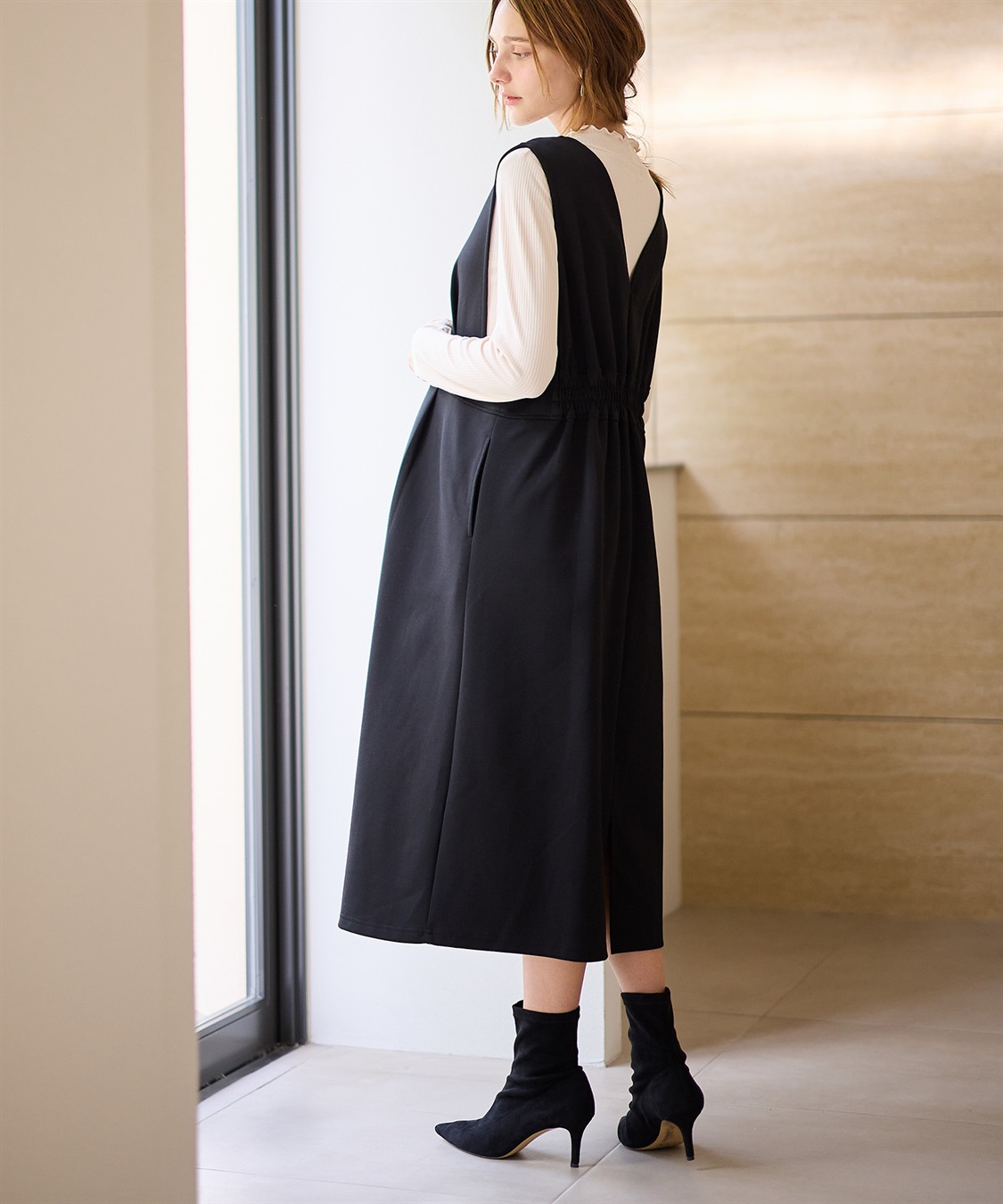 Rosemadame 【セットアイテム】Vネックダンボールワンピース×メロウフリルプチハイネックカットソー ジャンパースカートドレス アンサンブル(マタニティ/授乳服）授乳口付き 授乳楽々 妊婦服 産前・産後対応_sub_4