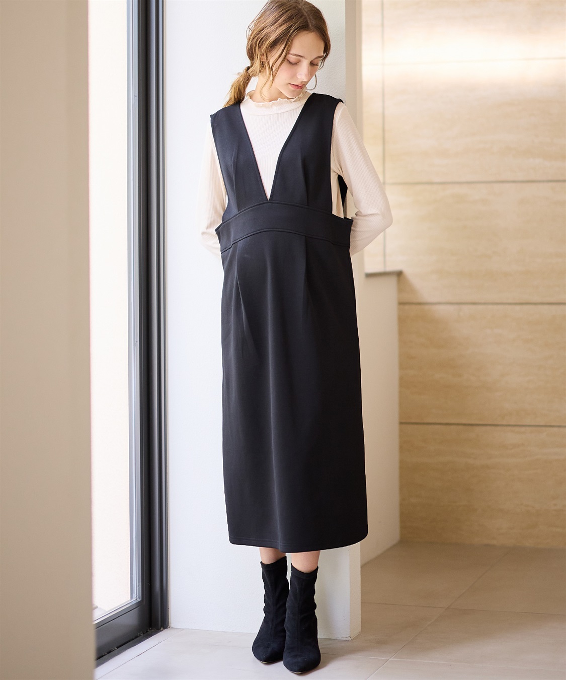 Rosemadame 【セットアイテム】Vネックダンボールワンピース×メロウフリルプチハイネックカットソー ジャンパースカートドレス アンサンブル(マタニティ/授乳服）授乳口付き 授乳楽々 妊婦服 産前・産後対応_sub_5