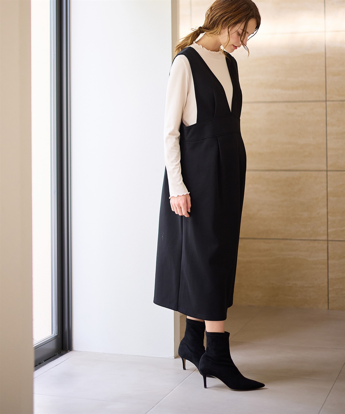 Rosemadame 【セットアイテム】Vネックダンボールワンピース×メロウフリルプチハイネックカットソー ジャンパースカートドレス アンサンブル(マタニティ/授乳服）授乳口付き 授乳楽々 妊婦服 産前・産後対応_sub_6