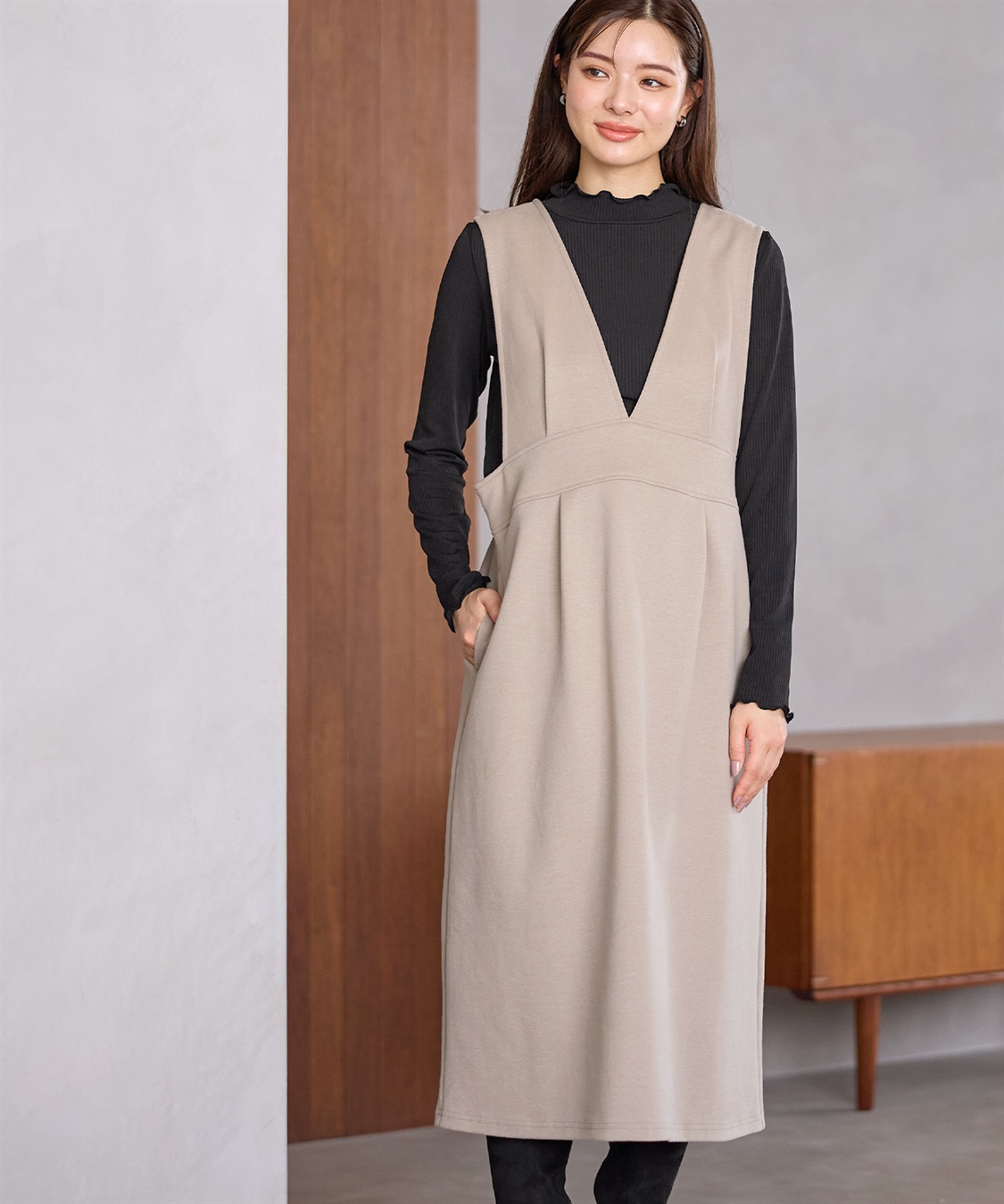 Rosemadame 【セットアイテム】Vネックダンボールワンピース×メロウフリルプチハイネックカットソー ジャンパースカートドレス アンサンブル(マタニティ/授乳服）授乳口付き 授乳楽々 妊婦服 産前・産後対応_sub_7