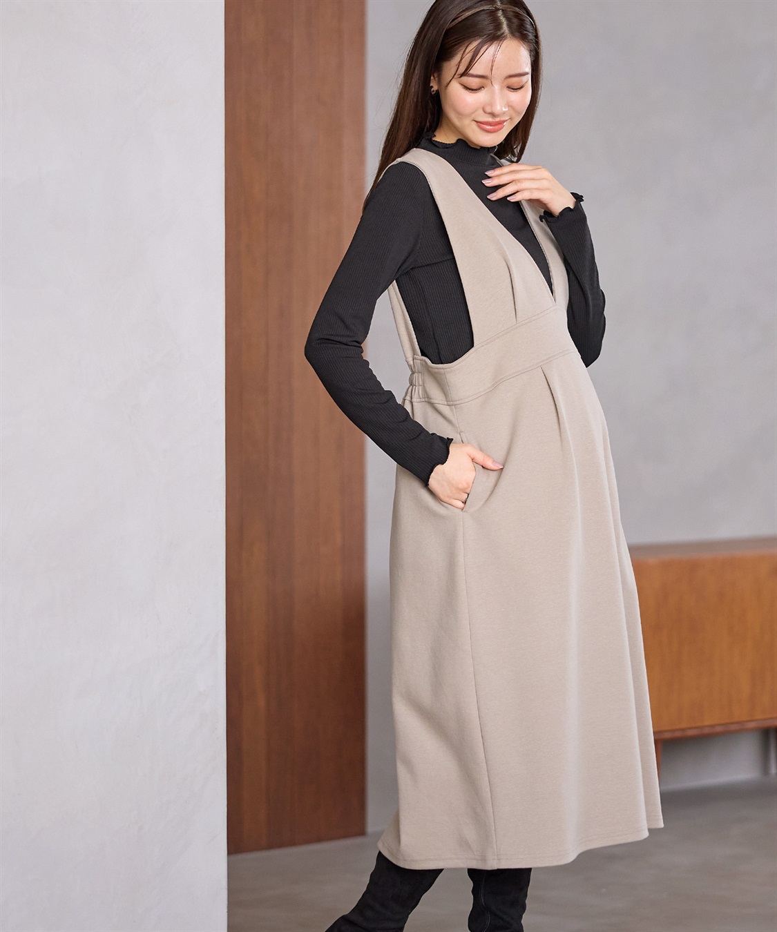 Rosemadame 【セットアイテム】Vネックダンボールワンピース×メロウフリルプチハイネックカットソー ジャンパースカートドレス アンサンブル(マタニティ/授乳服）授乳口付き 授乳楽々 妊婦服 産前・産後対応_sub_8