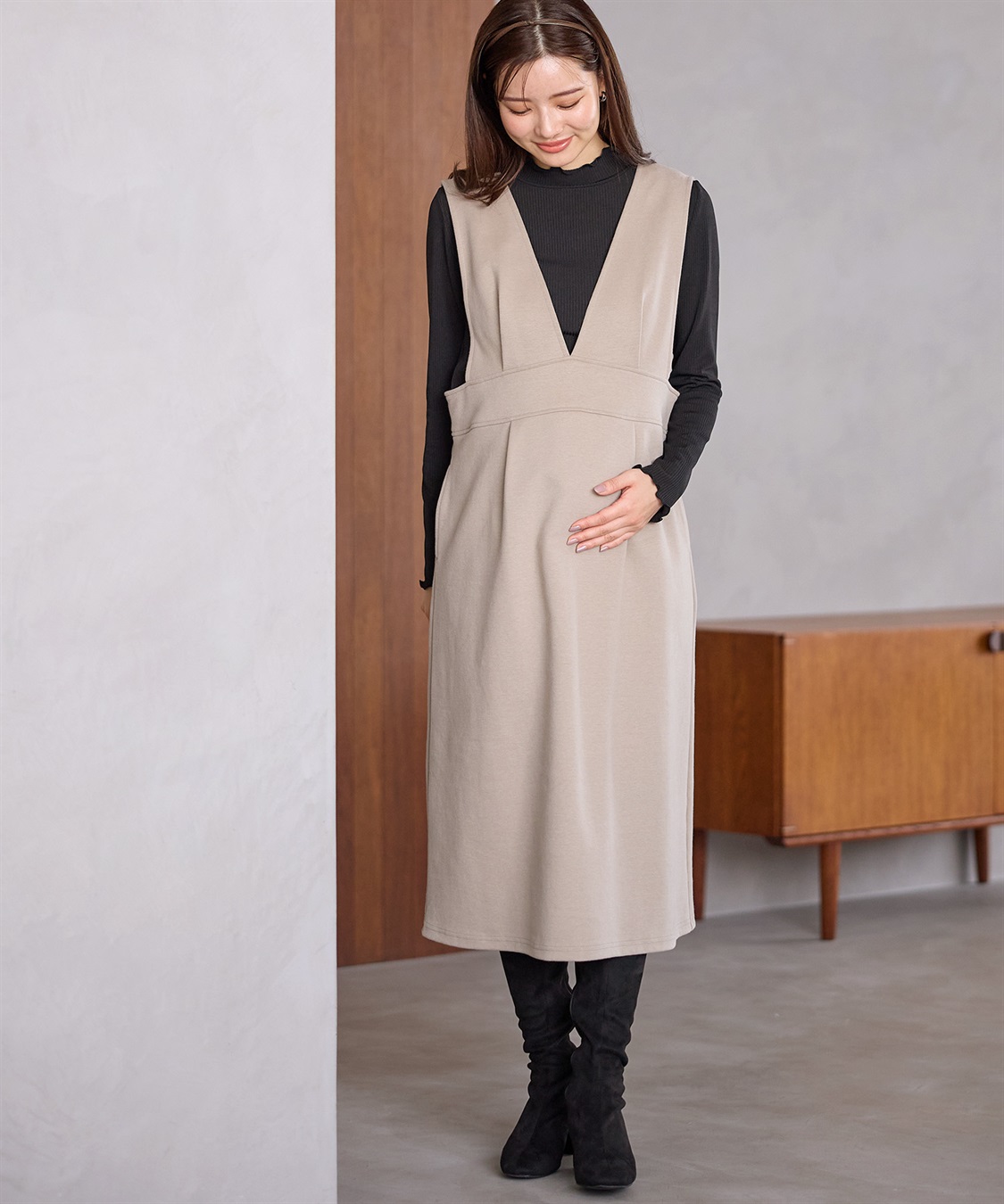 Rosemadame 【セットアイテム】Vネックダンボールワンピース×メロウフリルプチハイネックカットソー ジャンパースカートドレス アンサンブル(マタニティ/授乳服）授乳口付き 授乳楽々 妊婦服 産前・産後対応_sub_9