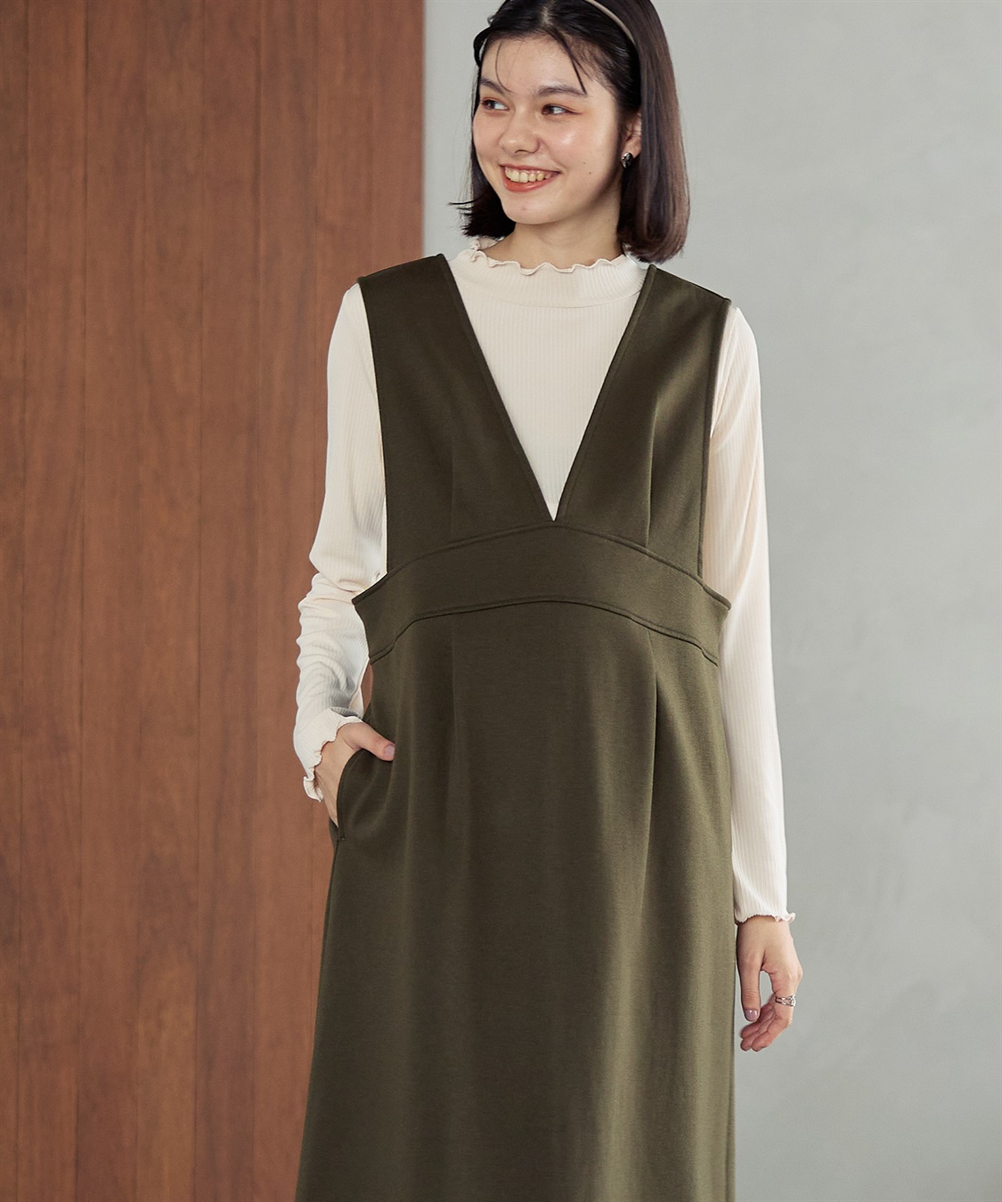 Rosemadame 【セットアイテム】Vネックダンボールワンピース×メロウフリルプチハイネックカットソー ジャンパースカートドレス アンサンブル(マタニティ/授乳服）授乳口付き 授乳楽々 妊婦服 産前・産後対応_sub_13