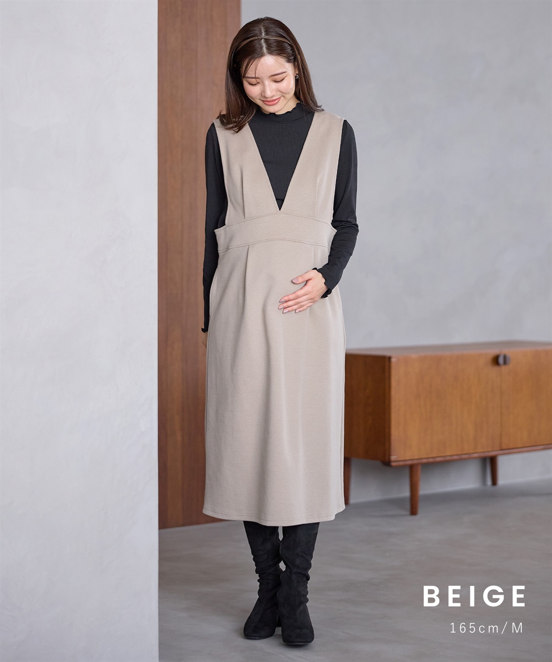 Rosemadame 【セットアイテム】Vネックダンボールワンピース×メロウフリルプチハイネックカットソー ジャンパースカートドレス アンサンブル(マタニティ/授乳服）授乳口付き 授乳楽々 妊婦服 産前・産後対応_sub_26