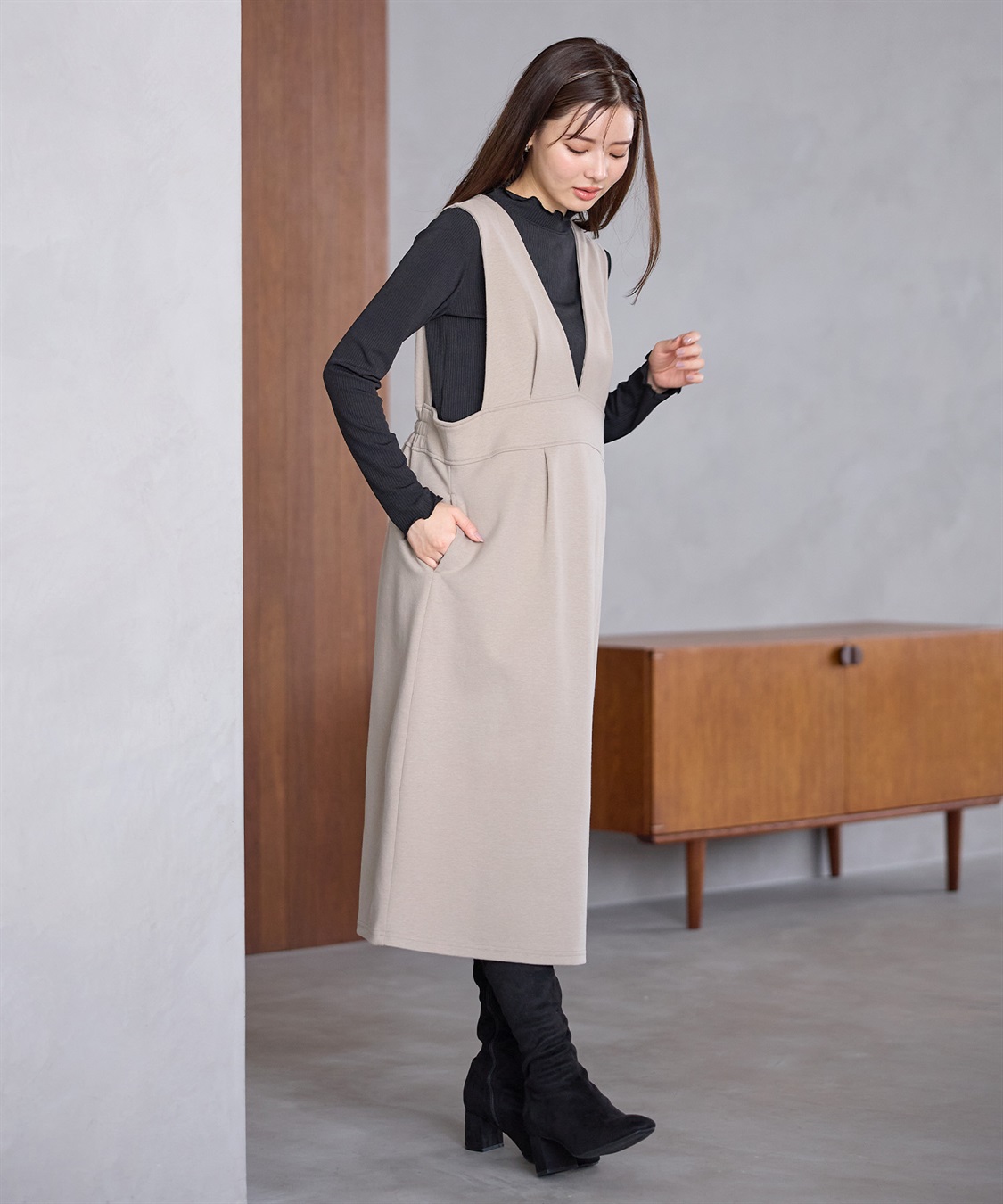 Rosemadame 【セットアイテム】Vネックダンボールワンピース×メロウフリルプチハイネックカットソー ジャンパースカートドレス アンサンブル(マタニティ/授乳服）授乳口付き 授乳楽々 妊婦服 産前・産後対応_sub_27