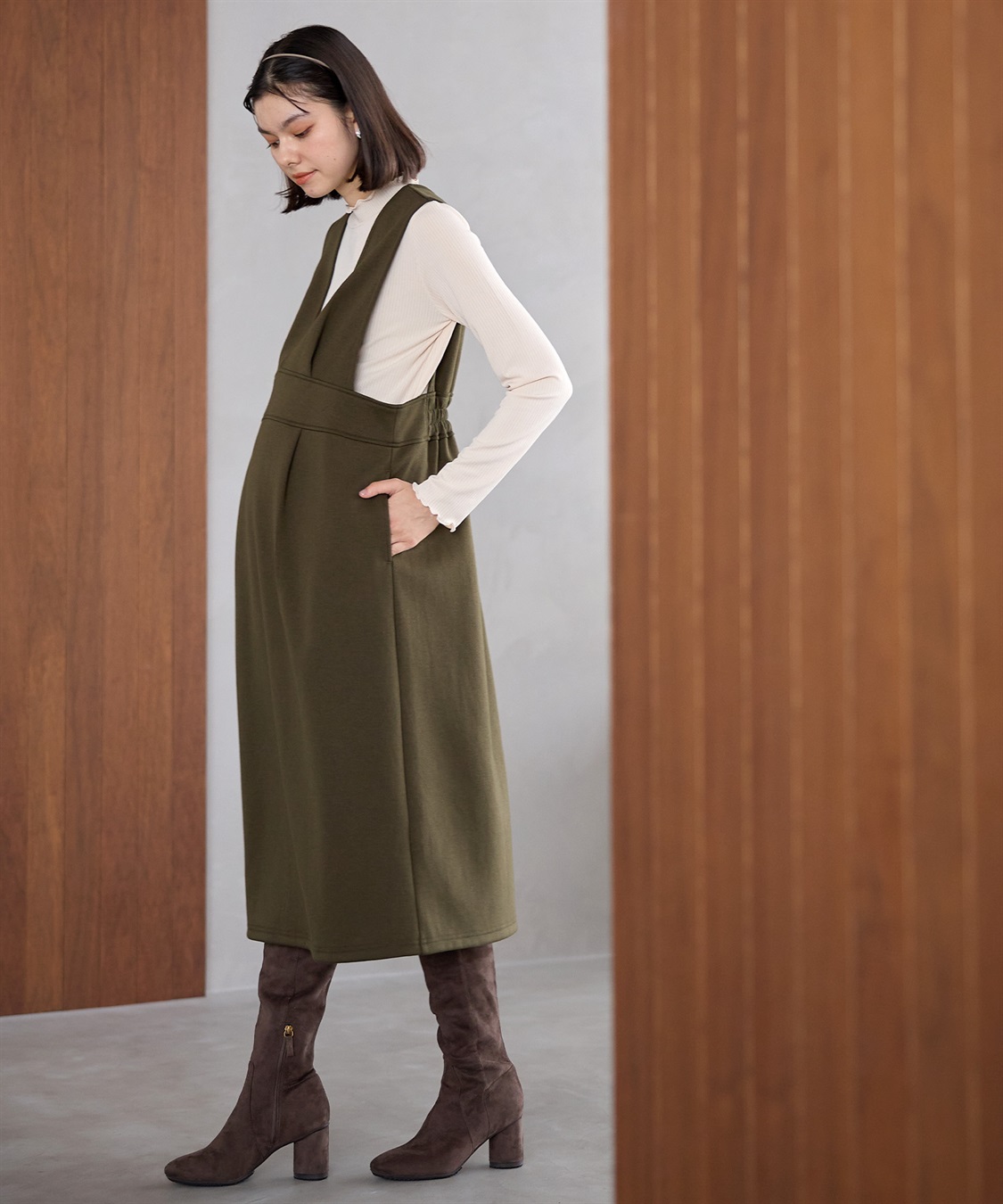 Rosemadame 【セットアイテム】Vネックダンボールワンピース×メロウフリルプチハイネックカットソー ジャンパースカートドレス アンサンブル(マタニティ/授乳服）授乳口付き 授乳楽々 妊婦服 産前・産後対応_sub_29