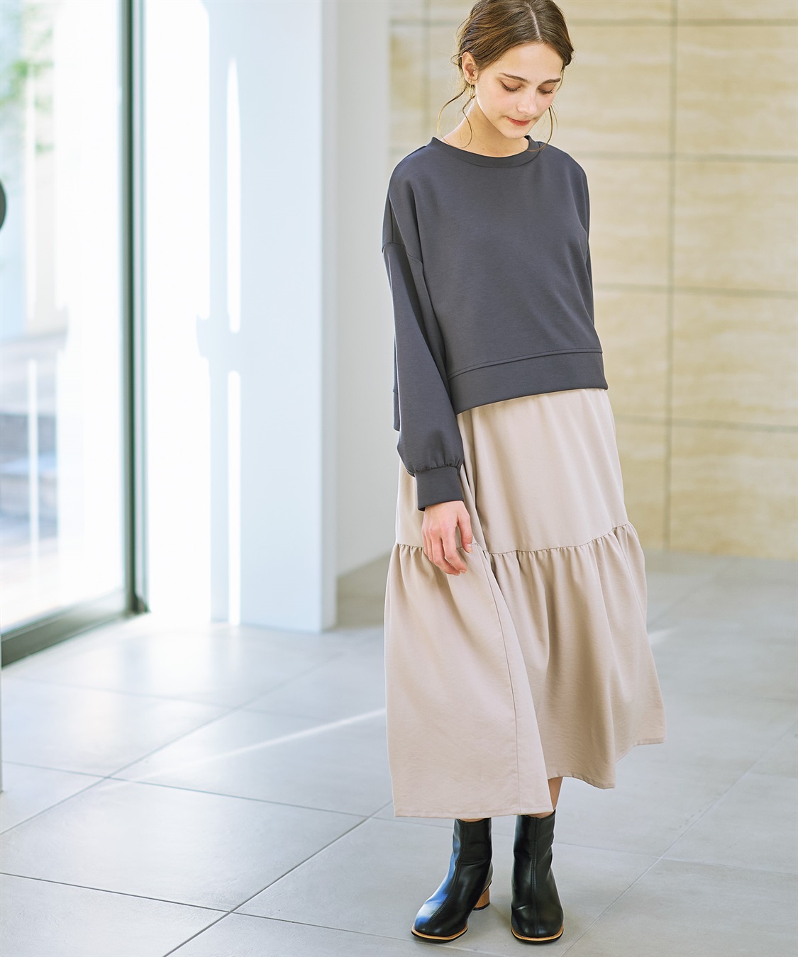 Rosemadame ダンボールプルオーバー×ティアードスカートドッキングワンピース(マタニティ&授乳服）授乳口付き 授乳楽々 妊婦服 産前・産後対応_sub_2