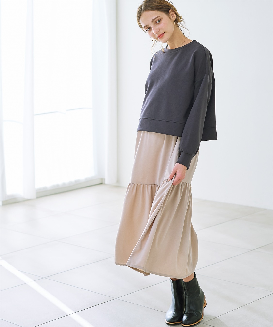 Rosemadame ダンボールプルオーバー×ティアードスカートドッキングワンピース(マタニティ&授乳服）授乳口付き 授乳楽々 妊婦服 産前・産後対応_sub_8