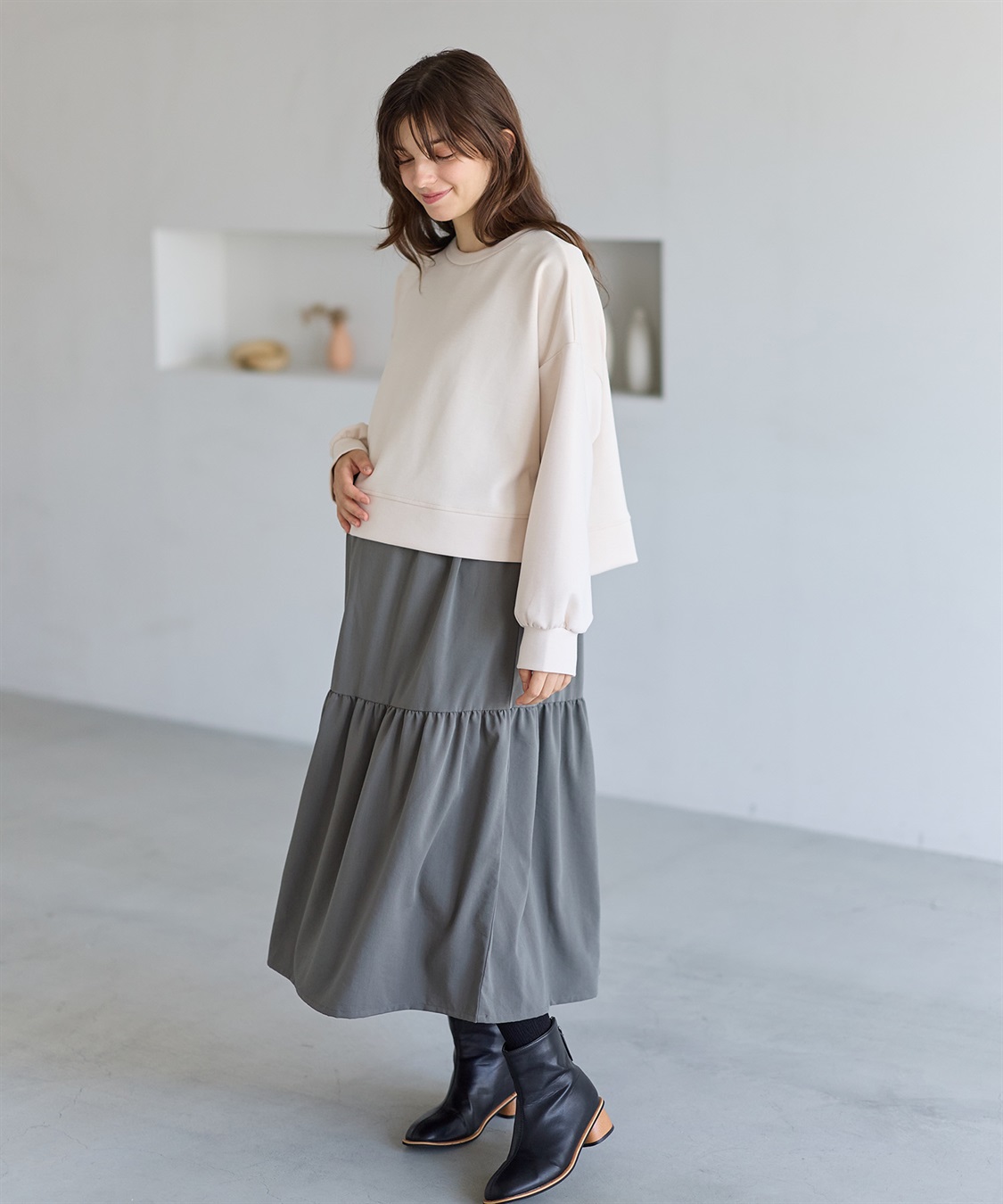 Rosemadame ダンボールプルオーバー×ティアードスカートドッキングワンピース(マタニティ&授乳服）授乳口付き 授乳楽々 妊婦服 産前・産後対応_sub_9