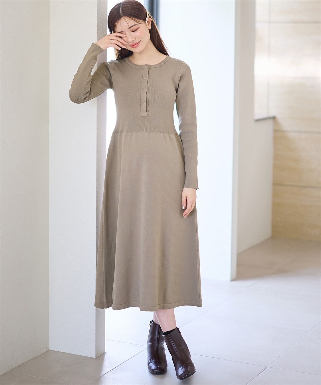 Rosemadame リングドットリブニットフレアワンピース(マタニティ&授乳服）授乳口付き 授乳楽々 妊婦服 産前・産後対応_sub_2