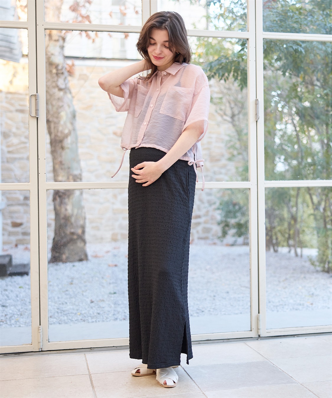 Rosemadame シアーシャツ× シャーリングジャガードキャミワンピースセット（マタニティ/授乳服）授乳楽々 妊婦服 産前・産後対応_sub_5