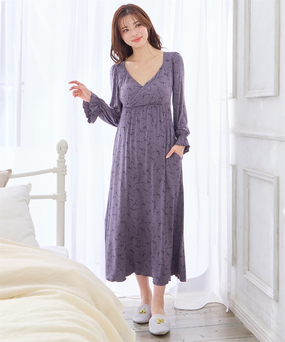 Rosemadame レーヨンベア天竺リボン柄・無地　授乳ブラ付きネグリジェ/ルームワンピース_sub_2