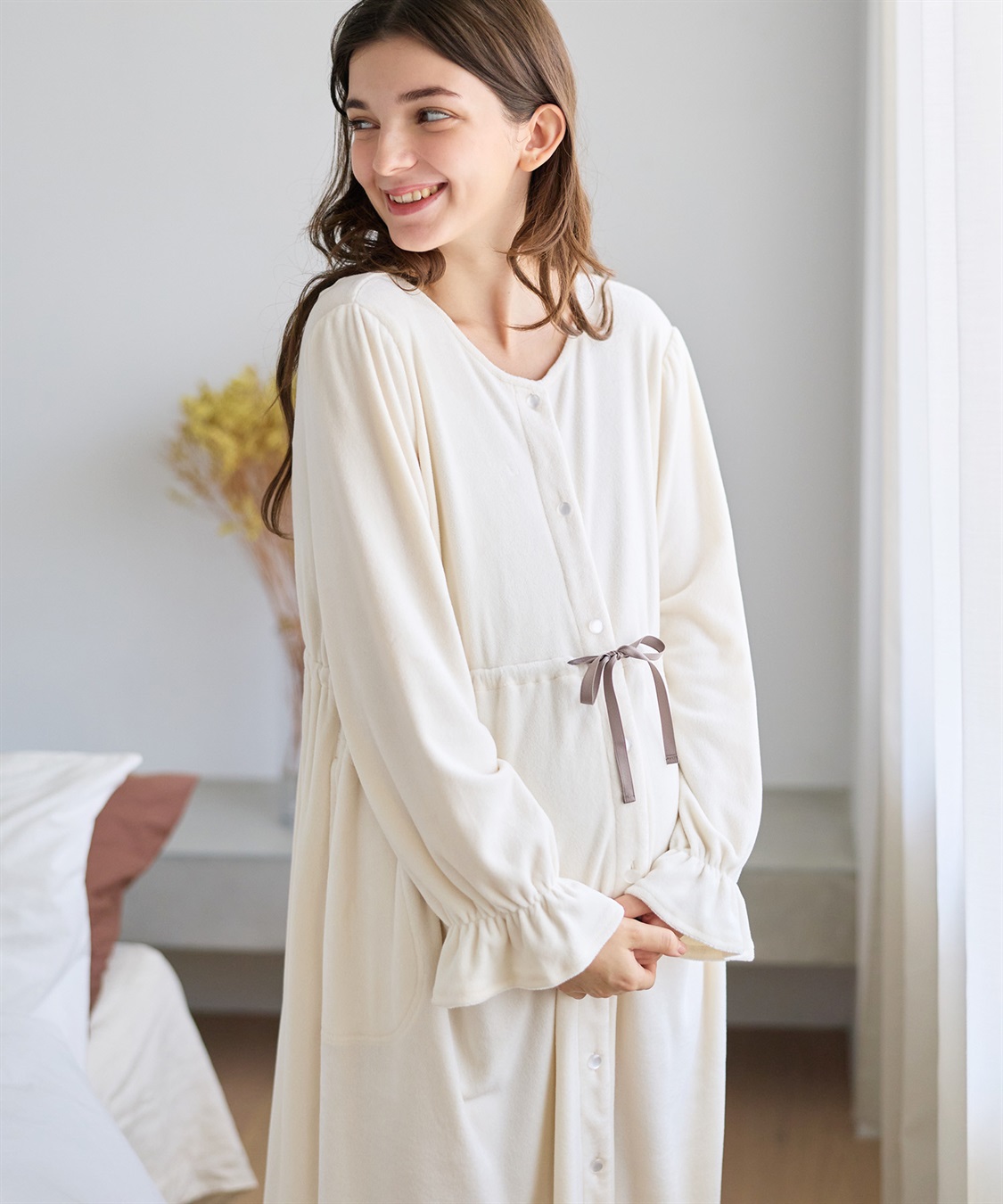 Rosemadame 【親子でお揃い】ベロア ネグリジェ ワンピース マタニティパジャマ 授乳対応 前開き ルームウェア 入院準備 産前・産後対応_sub_1