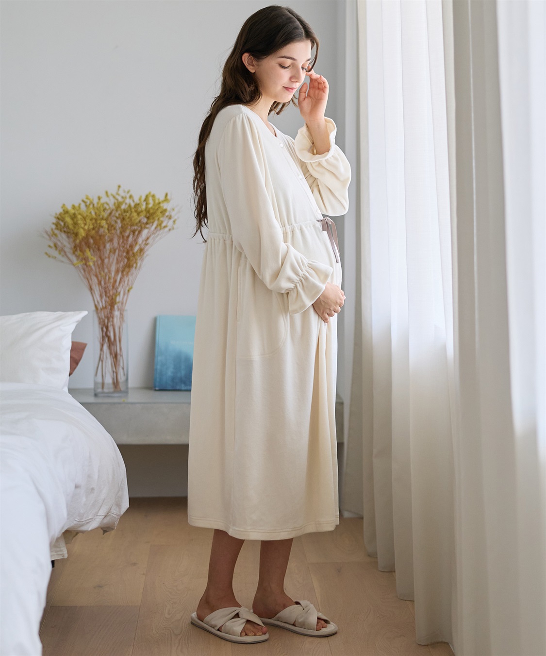 Rosemadame 【親子でお揃い】ベロア ネグリジェ ワンピース マタニティパジャマ 授乳対応 前開き ルームウェア 入院準備 産前・産後対応_sub_12