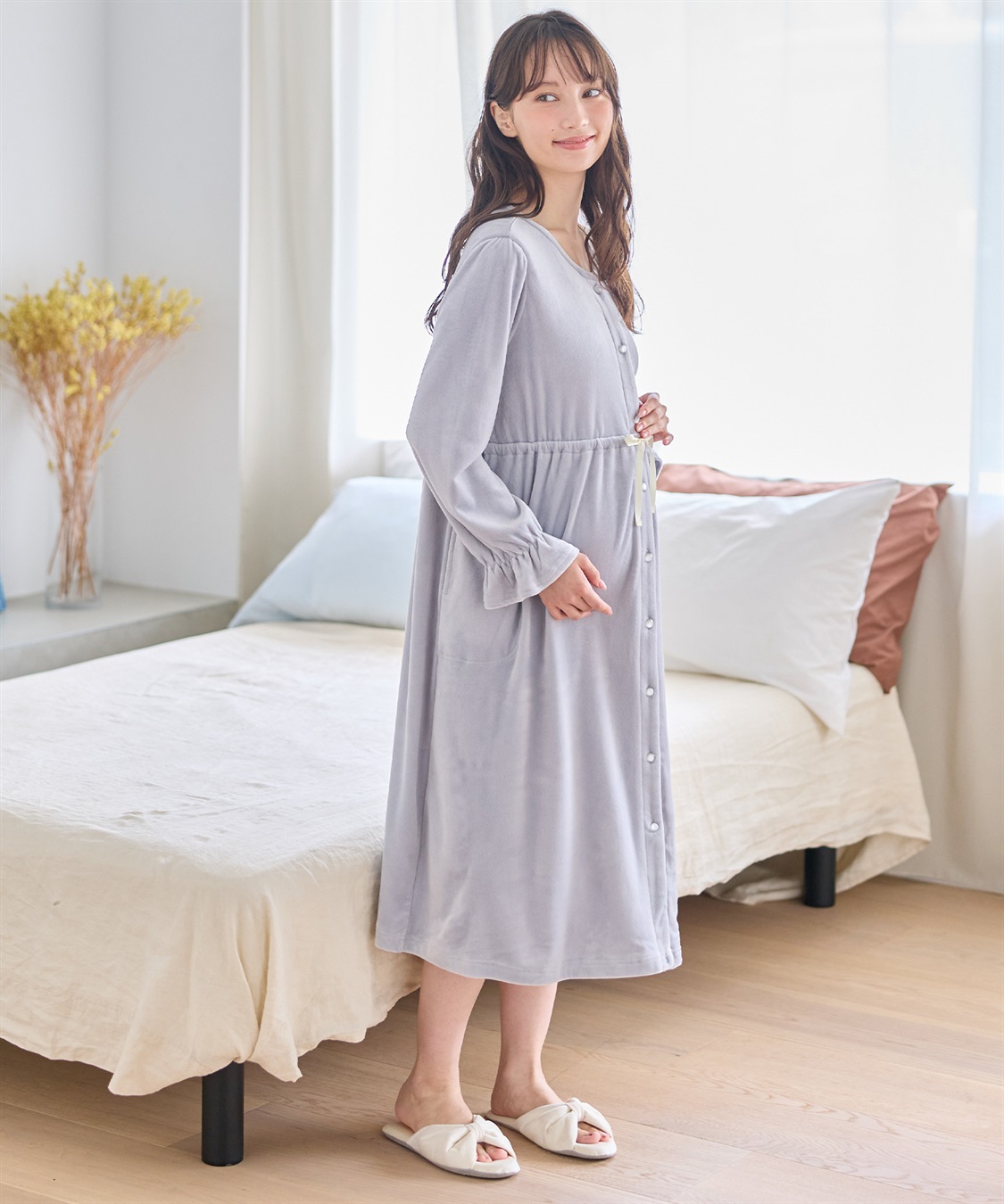 Rosemadame 【親子でお揃い】ベロア ネグリジェ ワンピース マタニティパジャマ 授乳対応 前開き ルームウェア 入院準備 産前・産後対応_sub_19