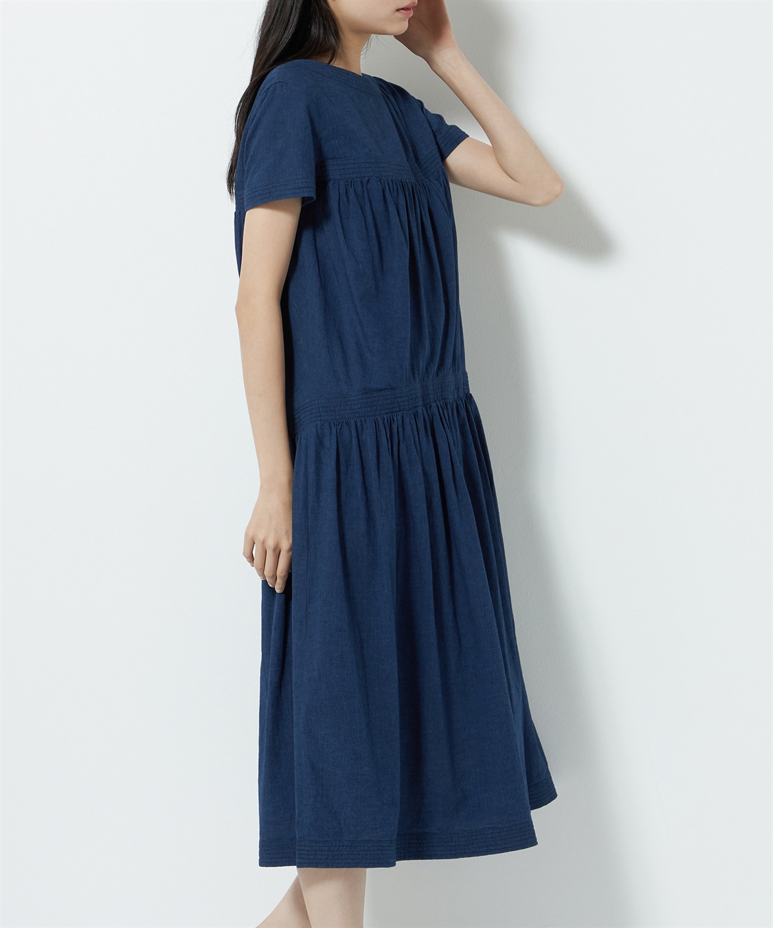 【美品】小倉縞縞 コットン アシンメトリー 膝丈ワンピース 日本製 美品】小倉縞縞 コットン アシンメトリー 膝丈ワンピース 日本製