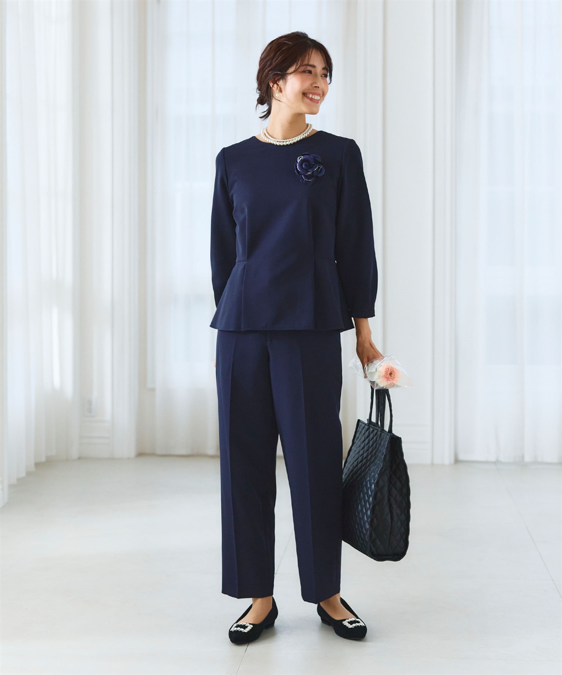 CROSS FUNCTION 【2点セット】《洗える・ストレッチ・シワになりにくい》正解 ペプラムブラウス・ワイドパンツセット【CF/クロスファンクション】_sub_3