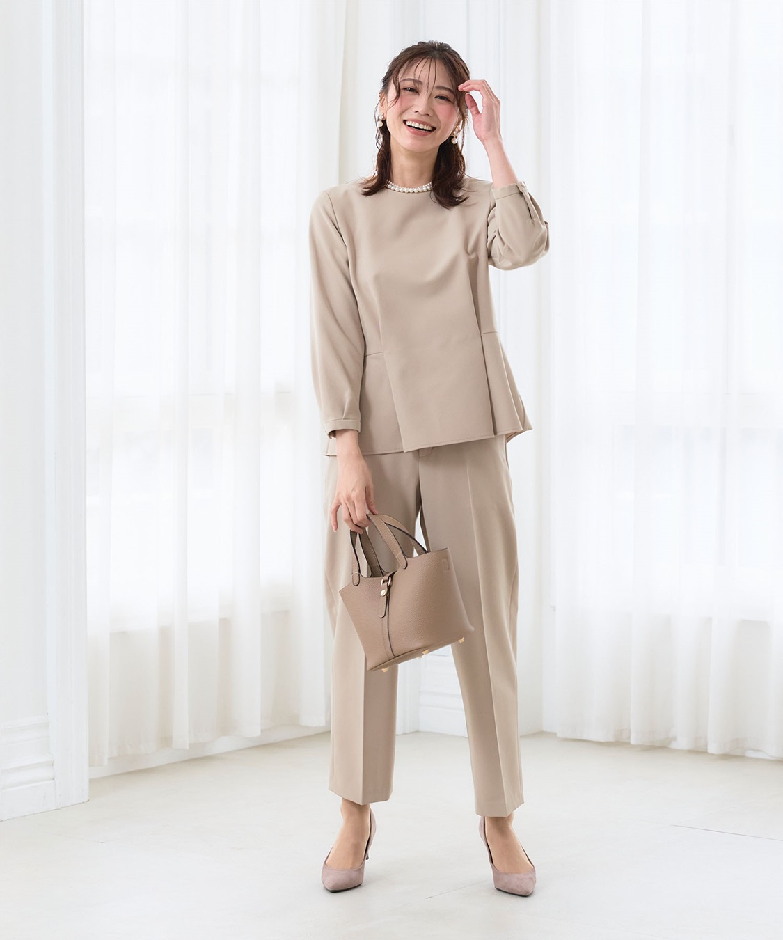 CROSS FUNCTION 【2点セット】《洗える・ストレッチ・シワになりにくい》正解 ペプラムブラウス・ワイドパンツセット【CF/クロスファンクション】_sub_4