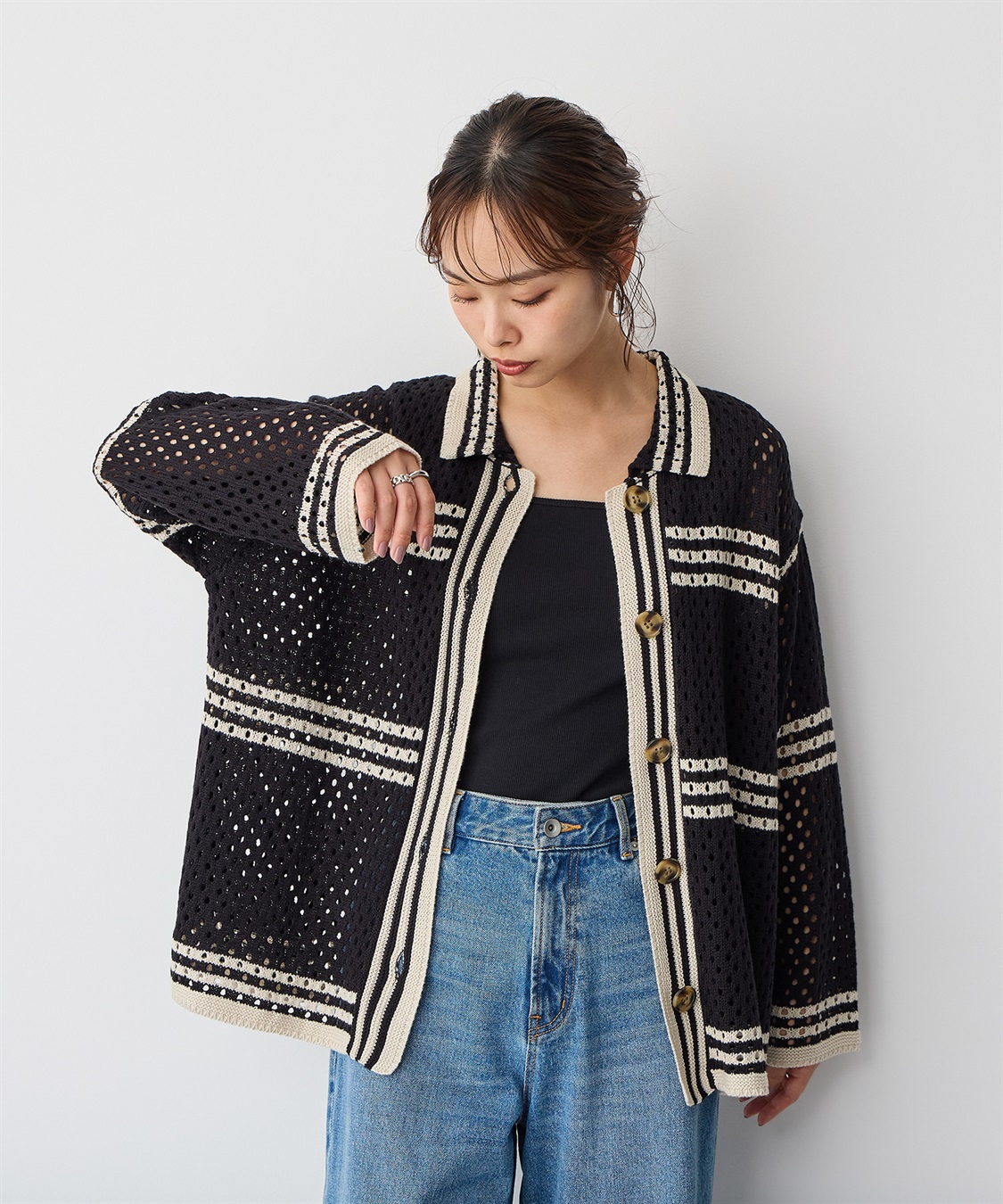 anyfee 【anyfee/プラスサイズ】かぎ針風ニットシャツカーデ_sub_3