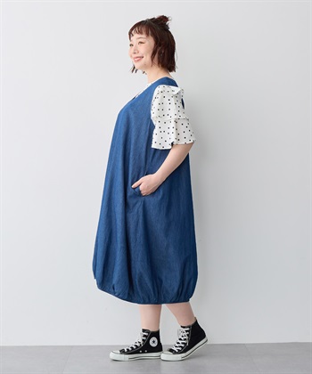 Life Style by cross marche 【anyfee/プラスサイズ】Vネックデニムバルーンワンピース_subthumb_1