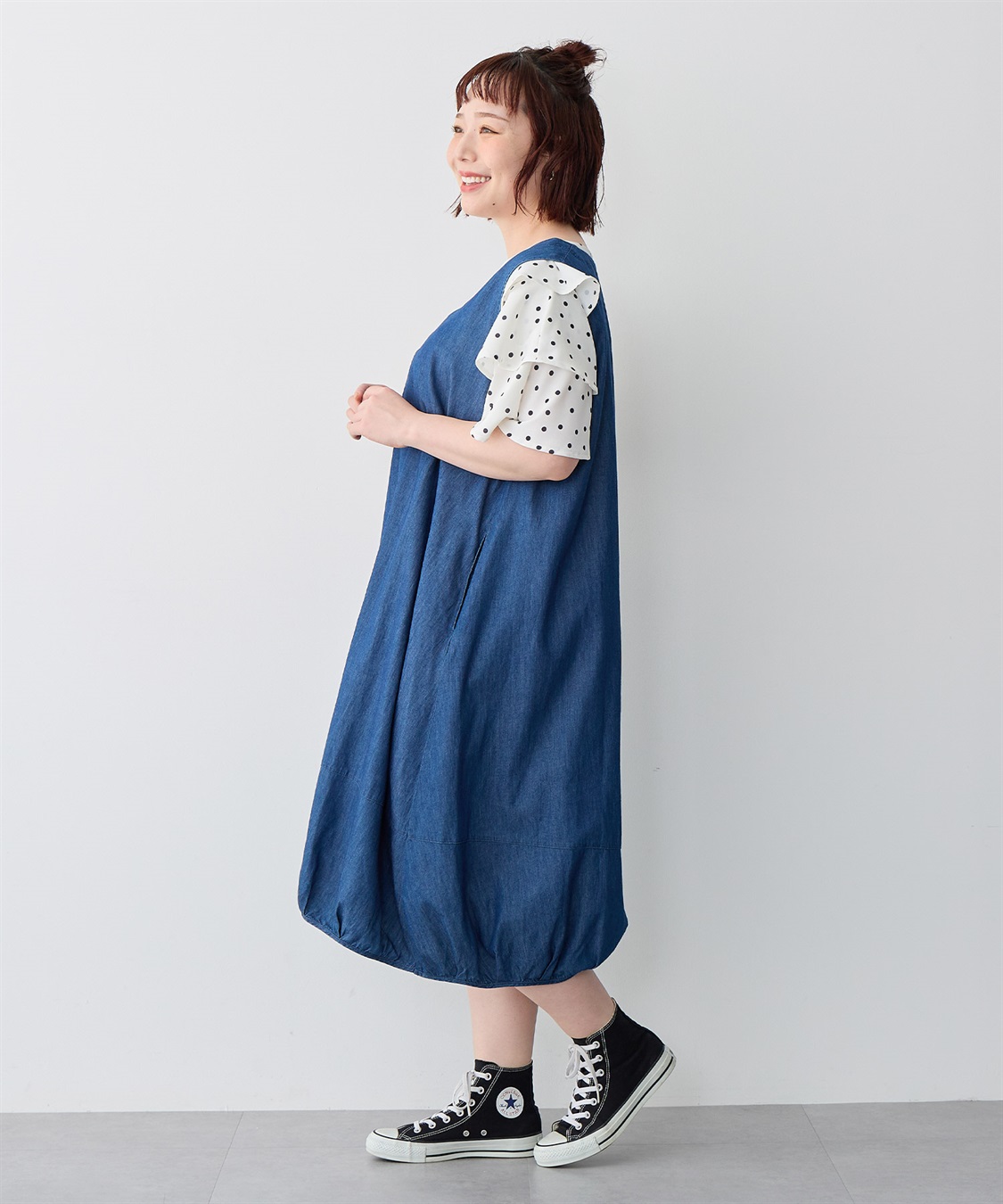 anyfee/プラスサイズ】Vネックデニムバルーンワンピース anyfee