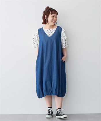 Life Style by cross marche 【anyfee/プラスサイズ】Vネックデニムバルーンワンピース_subthumb_4
