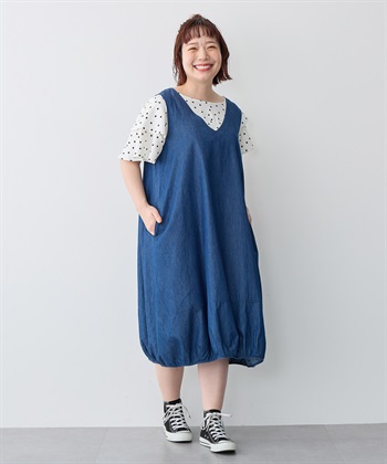 Life Style by cross marche 【anyfee/プラスサイズ】Vネックデニムバルーンワンピース_subthumb_5
