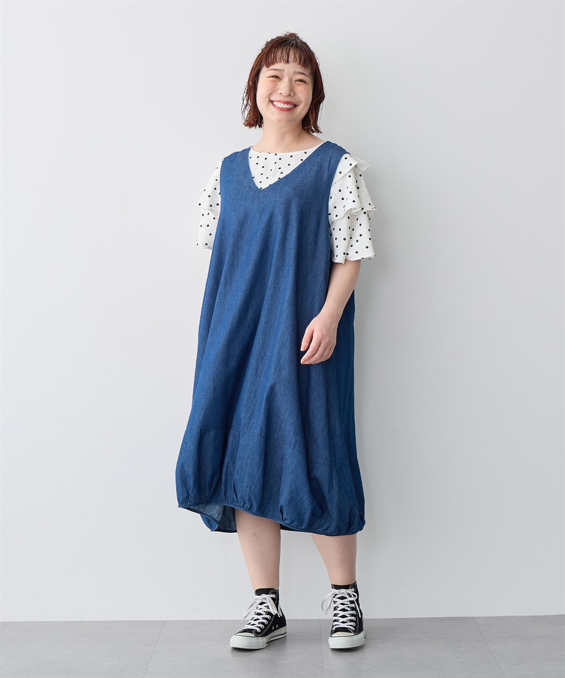 NAVY商品 anyfee/プラスサイズ】Vネックデニムバルーンワンピース anyfee