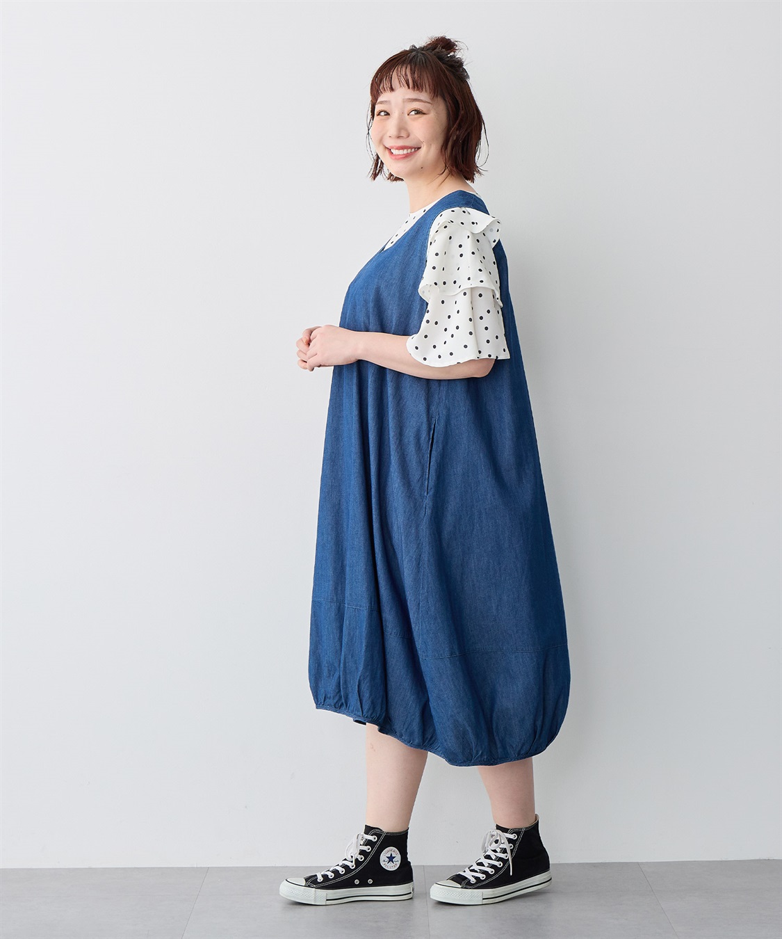 anyfee 【anyfee/プラスサイズ】Vネックデニムバルーンワンピース_sub_9
