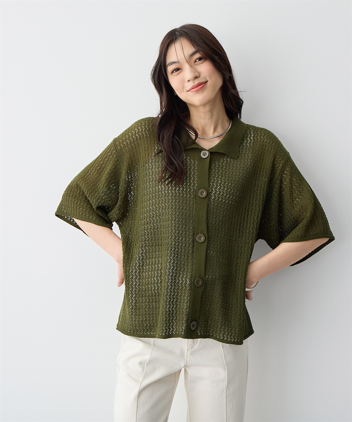 anyfee 【anyfee/プラスサイズ】透かし編みポロニットカーディガン_sub_1