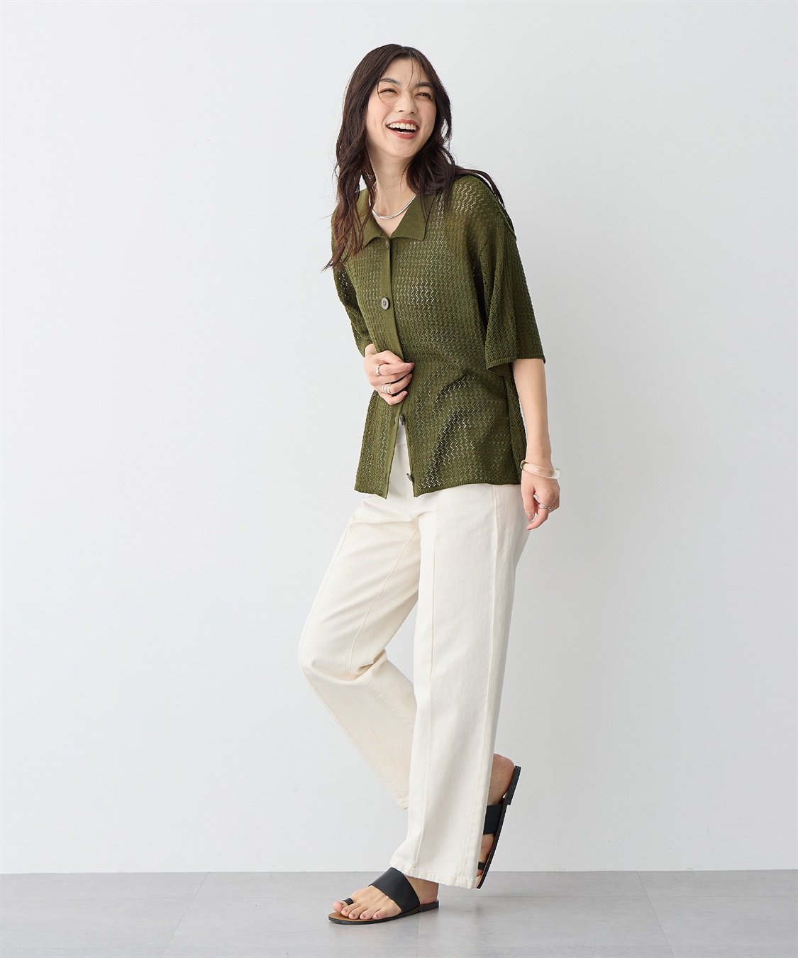 anyfee 【anyfee/プラスサイズ】透かし編みポロニットカーディガン_sub_2